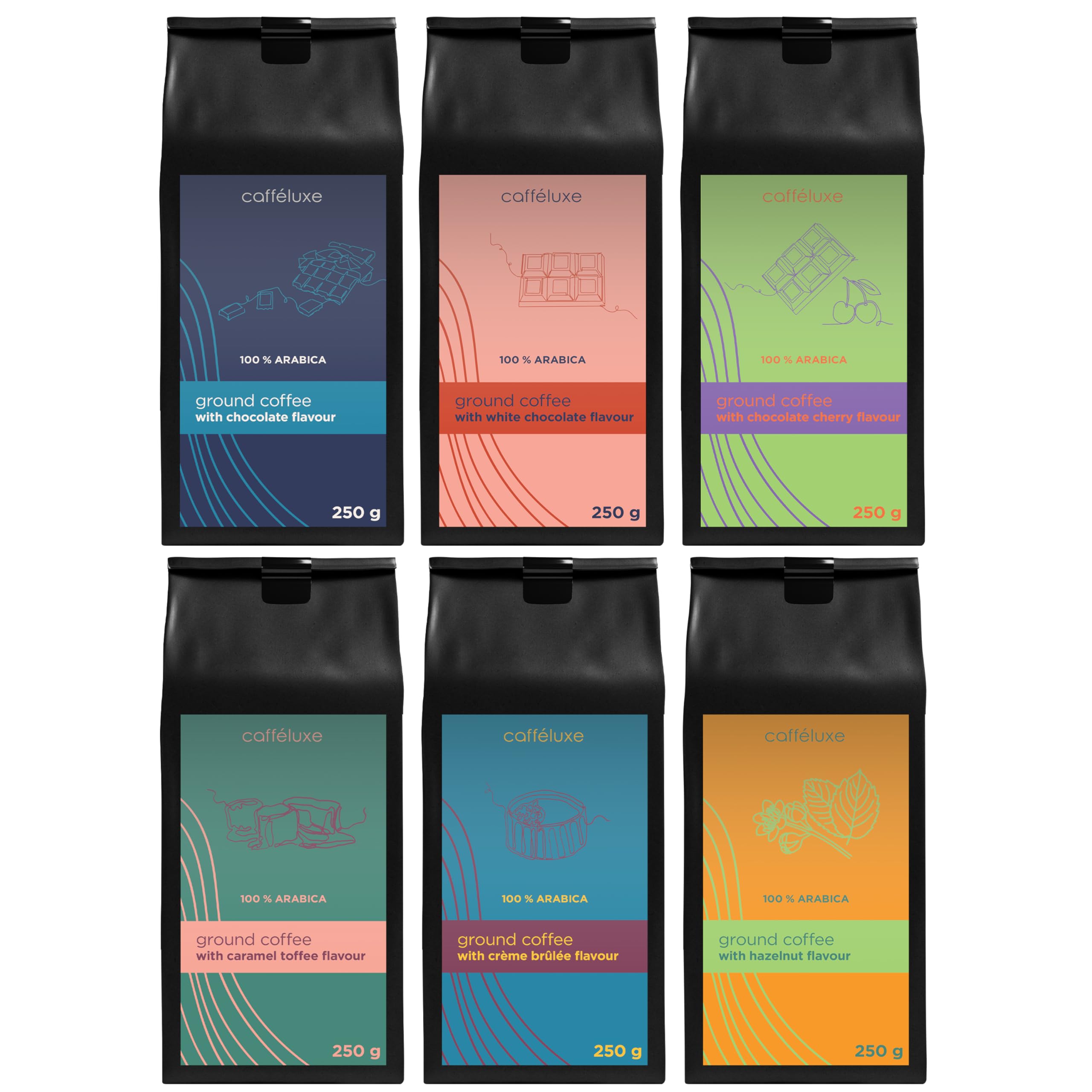 Caffeluxe Arabica Medium Roast Ground Coffee Beans Flavoured Ground Coffee - Taster Pack (6 x100g) - Chocolate, White Choco, Caramel, Cherry, Hazelnut, Creme Brule (100g Per Bag)