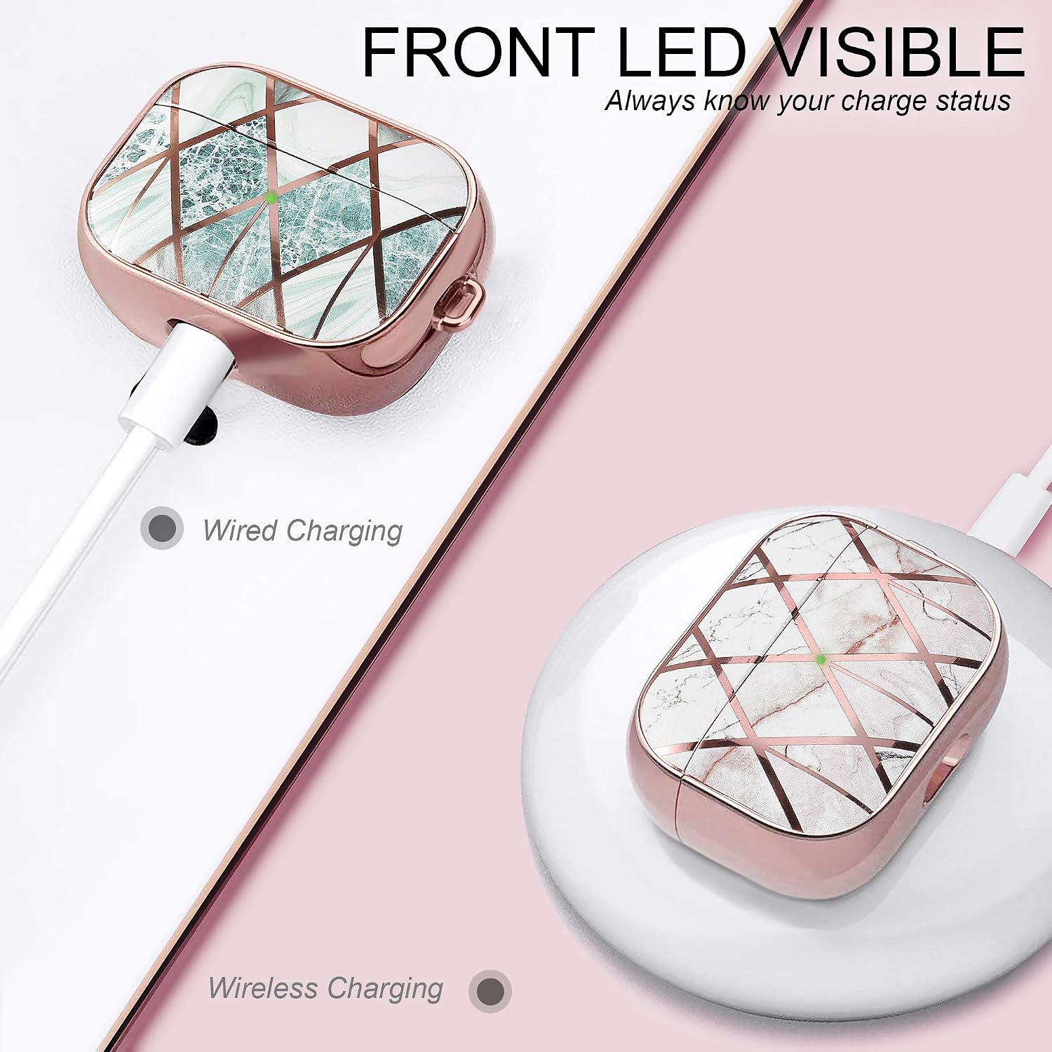 Secbolt Protective Case Compatible with Airpods Pro Case, Shockproof TPU Cover with Anti-Lost Strap for Apple AirPods Pro 2019 (White Marble/Green Stripe)