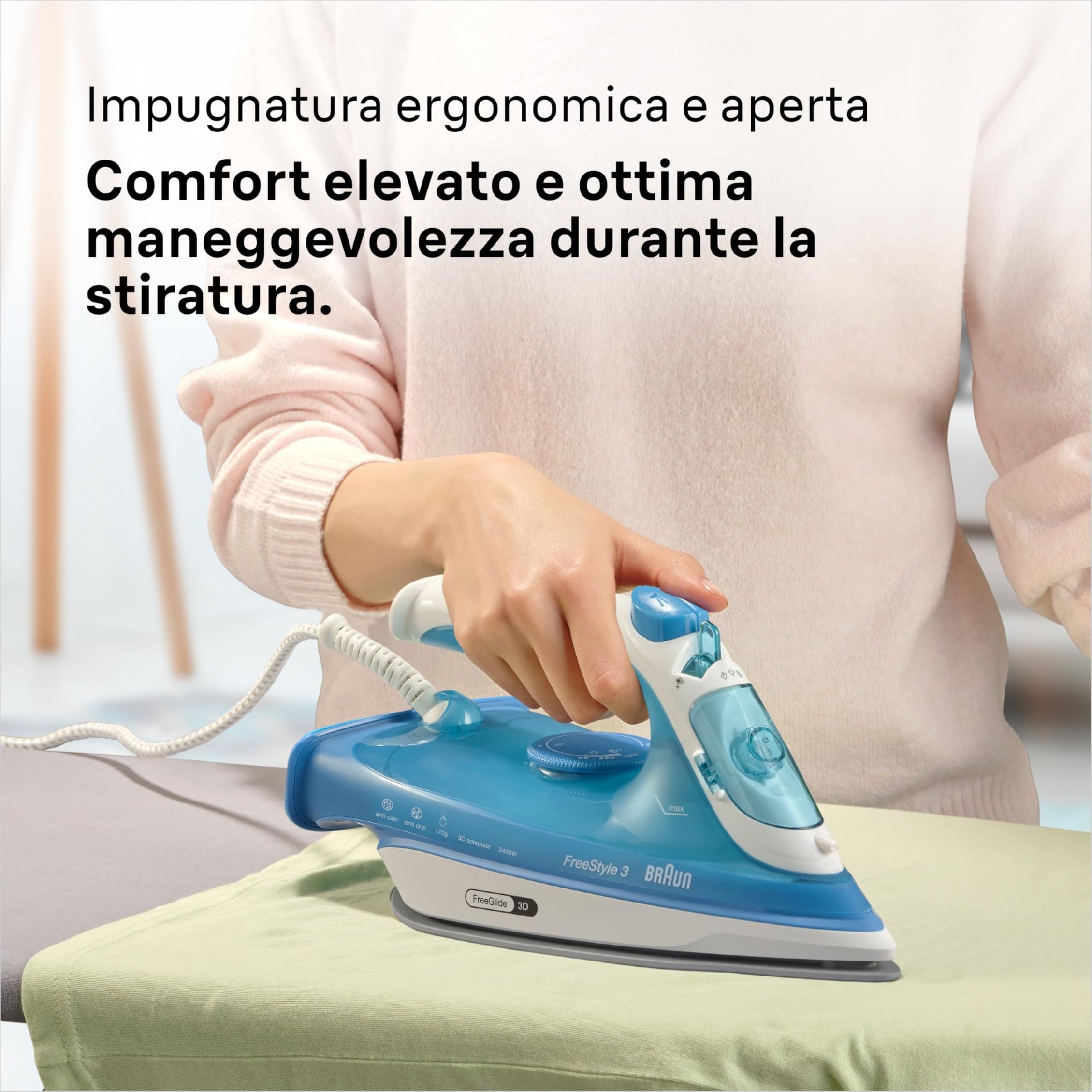 Braun FreeStyle3 FI3144BL Ferro da Stiro con 5 Anni di Assistenza, Risparmio Energetico, Tecnologia FreeGlide 3D, vapore 170g/min, AutoSpegnimento, Serbatoio acqua 270ml, 2400W,manico aperto, Blu