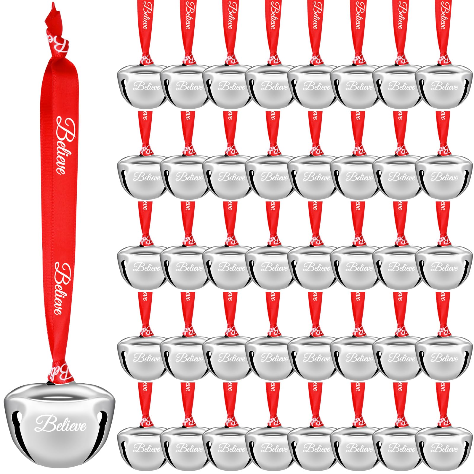 Believe Bell Ornament - Christmas Sleigh Bell With Red Ribbon, 1.5 Inch Jingle Bells for Tree Decor, Polar Express Mini Bells (Silver, 48 Pack)