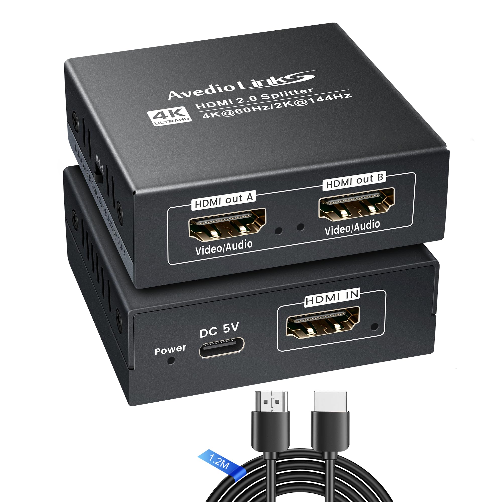 【HDCP2.2対応/HDCP解除可】avedio links HDMI分配器 1入力2出力 4K@60Hz対応 ダウンスケーラー機能付き HDMI2.0b スプリッター 2K@144Hz/1080P@120Hz Type-C給電 HDR10+/Dolby Vision/Atmos対応 サウンドバー・キャプチャボード・テレビ・プロジェクター用