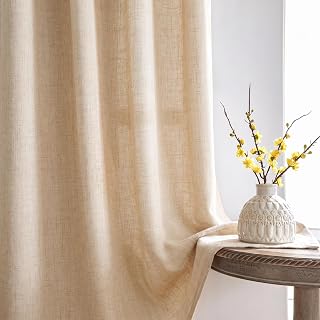 Melodieux Korta gardiner med veckband – linne, bohogardiner för matsal, halvtransparent gardin, linnegardin, dekorativa skjutgardiner för sovrum, vardagsrum (varm beige, 140 x 175 cm)