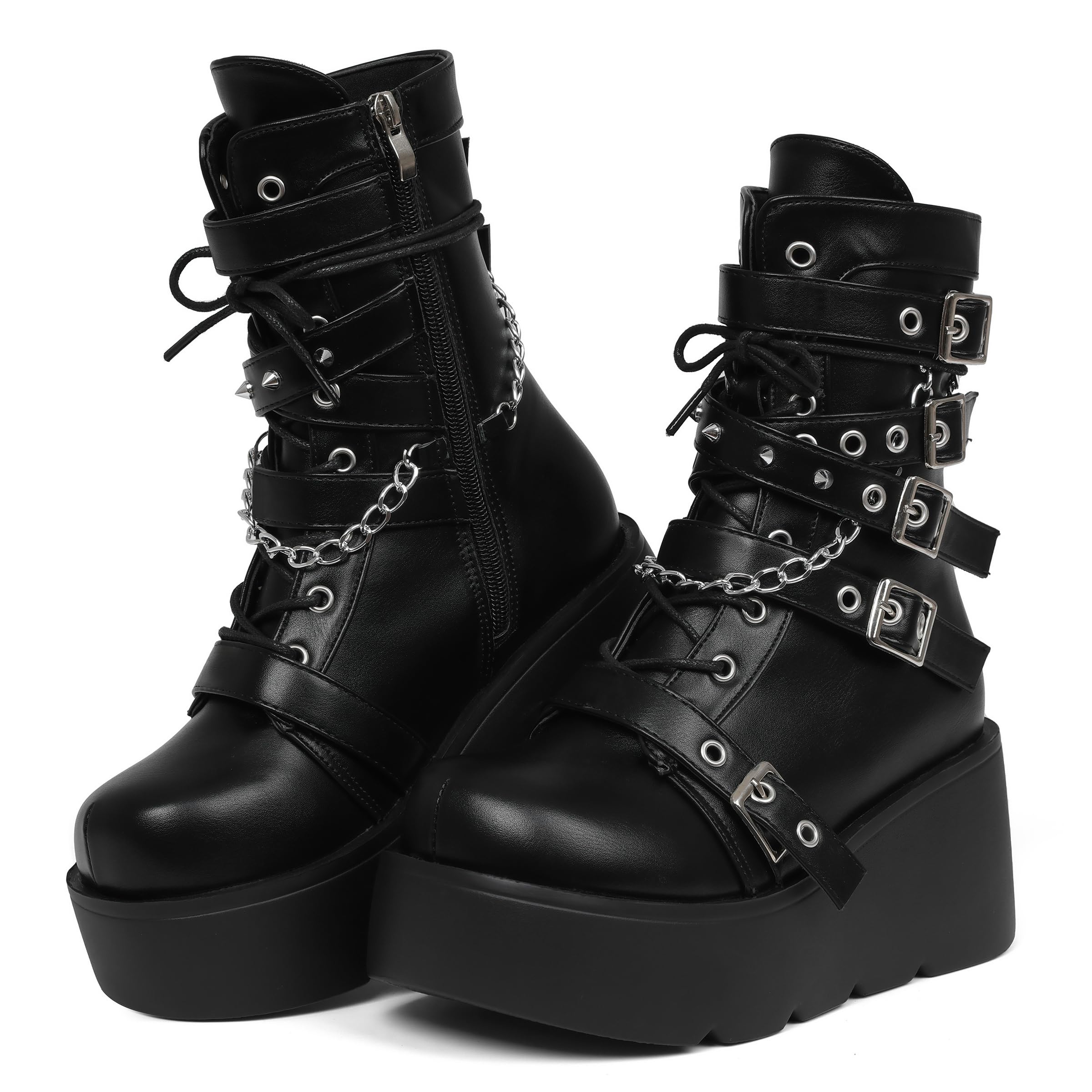 Celbreez Platform Boots for Women Goth Boots Ankle Boot Side Zip Round Toe Wedge Buckle Combat Rave Boot