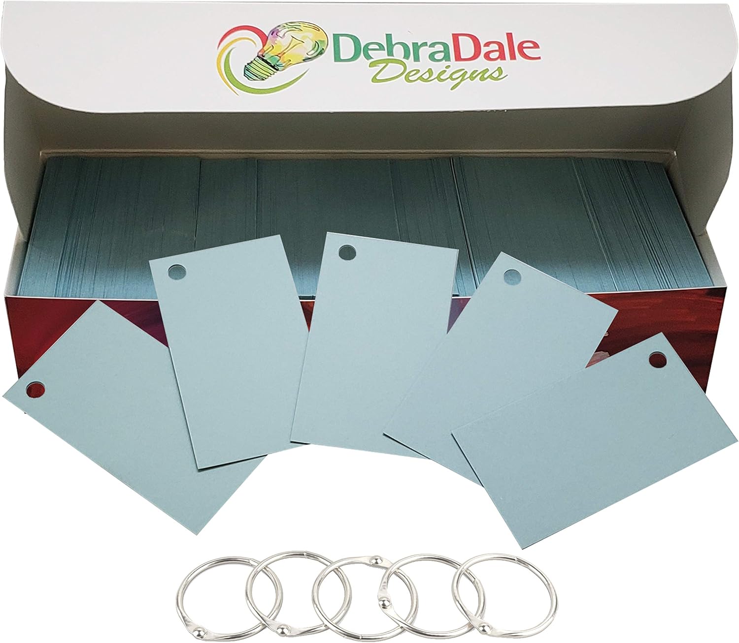 Debra Dale Designs Made Right in the USA 750 Premium 140# Blue Smooth Finish Pocket-Size flashcards Single Hole Punched With Five (5) Rings Business Card Size (2" X 3-1/2") Storage Box With Lid