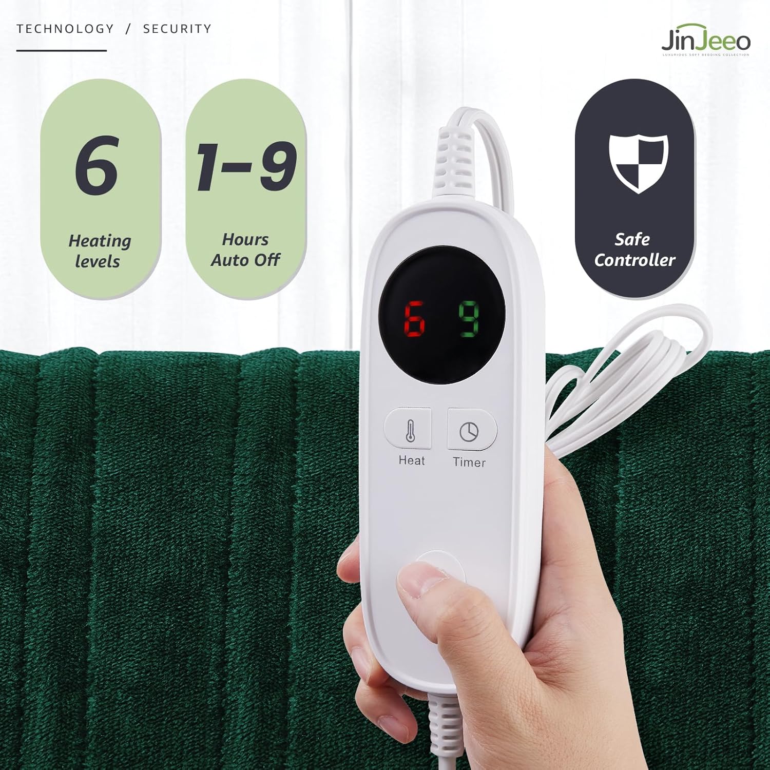 JinJeeo Heated Throw Blanket 50"x60",Electric Blanket Green Flannel Blanket Fast Heating Blanket,6 Heat Settings 9 Hour Auto Shut Off,Home Office Use Machine Washable