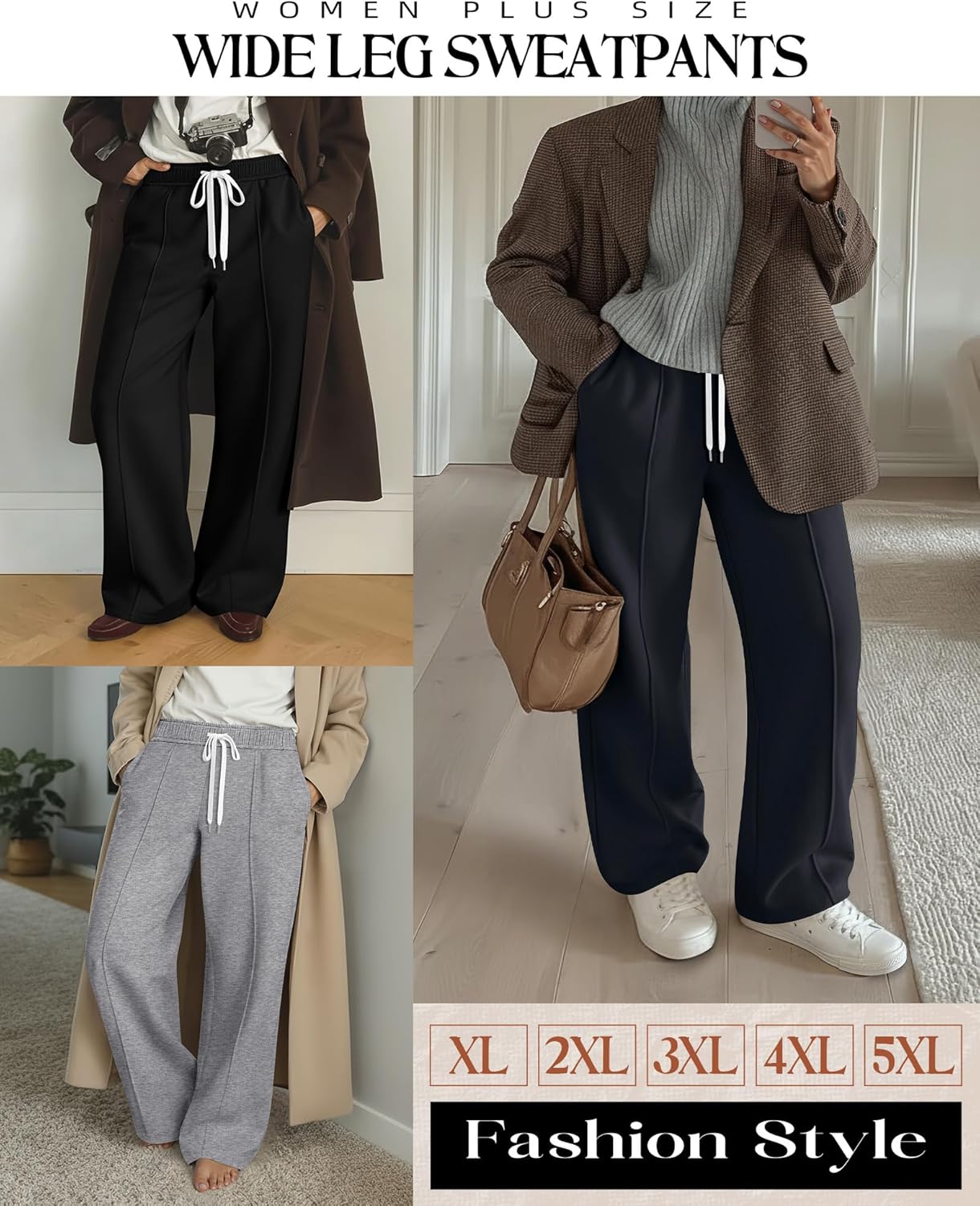Neer 3 Pack Women Plus Size Wide Leg Sweatpants, Palazzo Baggy Pants Elastic Drawstring Causal Athletic Bottom with Pockets(Light Mixed Gray, Dark Gray, Black,5X-Large) - Image 2