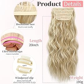 KooKaStyle Beach Blonde Hair Extensions Clip in Synthetic Highlight Hair Extensions Long Wavy 4PCS Thick Hairpieces 20 Inch for Women