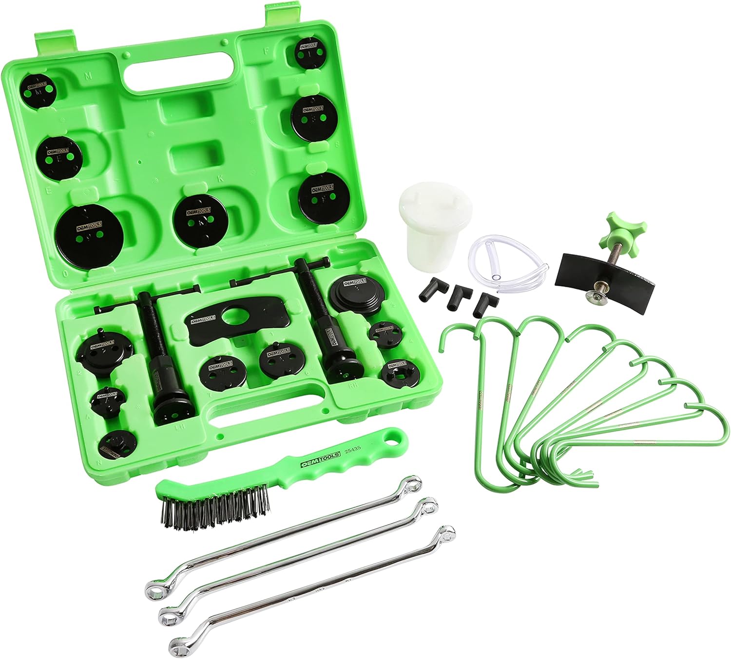 All 37 components of the OEMTOOLS 25107 Disc Brake Service Set laid out on a white background, including the green carrying case, caliper tools, adapters, pad spreader, brush, hangers, bleeder wrenches, and bleeder kit.