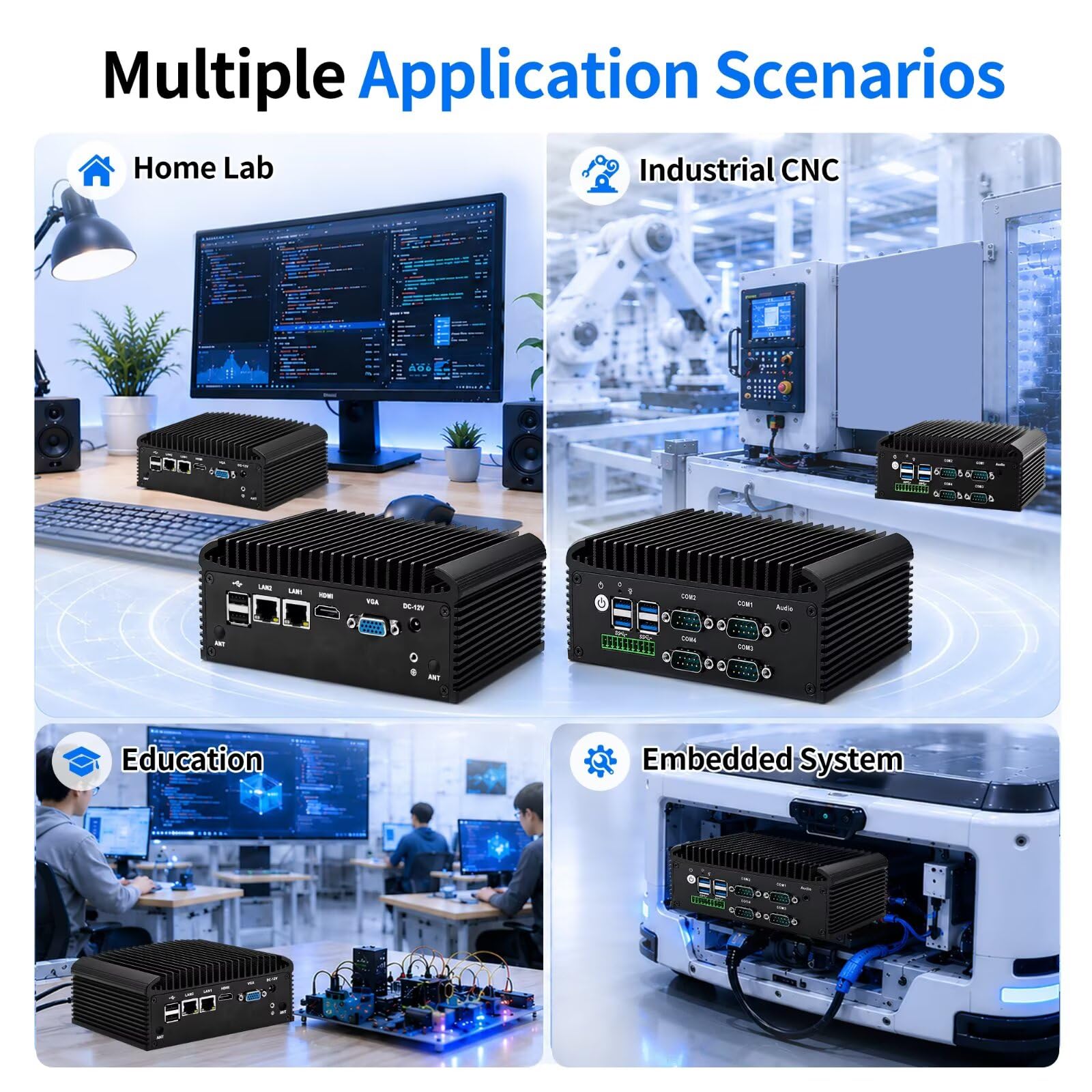 Fanless Mini PC i5 8250U, DDR4 8GB RAM 128GB NVMe SSD, 2 LAN 4 COM Industriale PC, HD VGA Micro Desktop Computer for Home Office, 10 Pin GPIO, 4USB3.0, 2USB2.0, Auto Power On