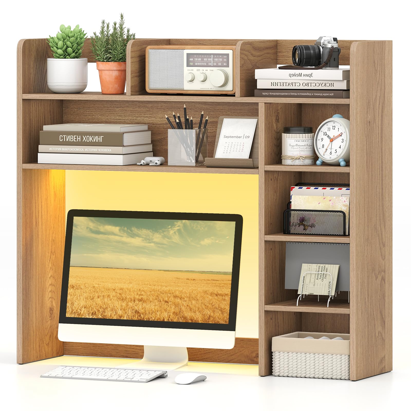 Tangkula Desktop Bookshelf with LED Lights, Desk Hutch with 8 Shelves for Max 25" Monitor, Desktop 5-Tier Display Rack, Multipurpose Wood Desktop Storage Hutch Organizer for Dorm Office Home (Natural)