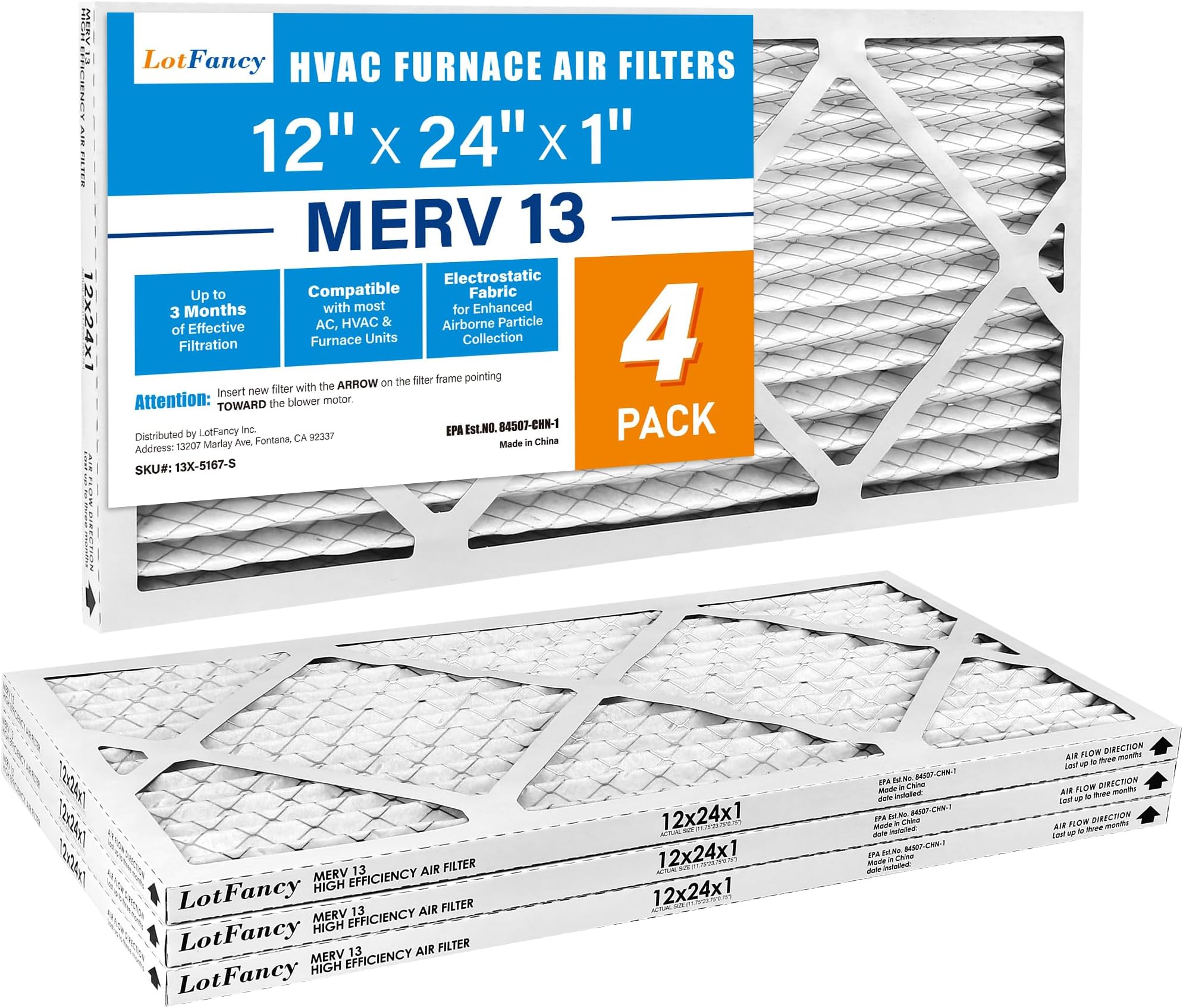 LotFancy 12x24x1 Air Filter,4 Pack,MERV13 Pleated Furnace Air Filters ...