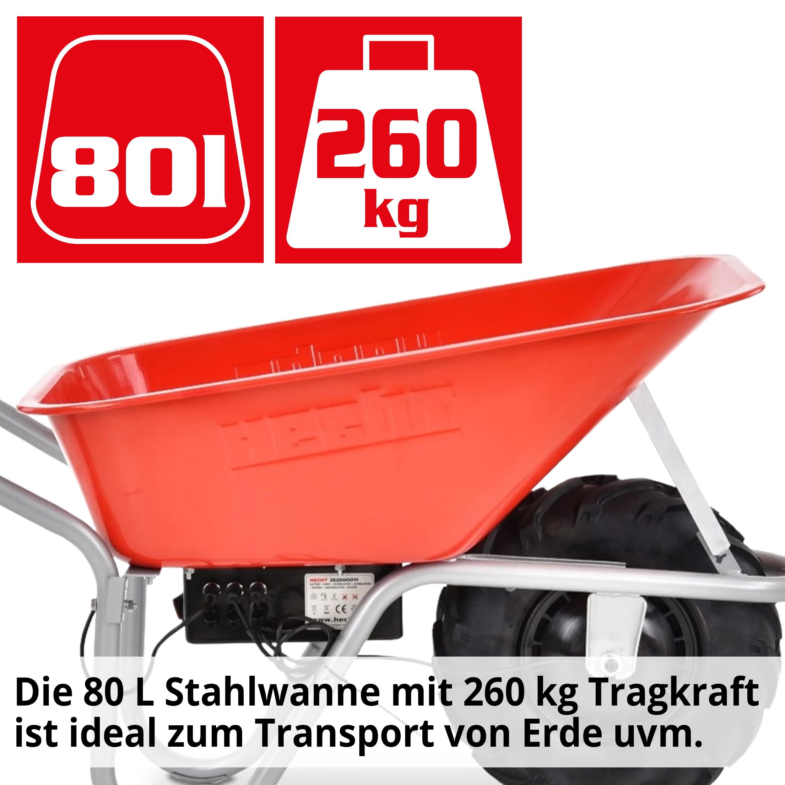 HECHT elektrische Schubkarre 80 L – 260 kg Motorschubkarre | Elektro-Dumper mit 280 W Motor, Luftreifen auf Stahlfelge und pulverbeschichteter Stahlwanne für Garten und Transport