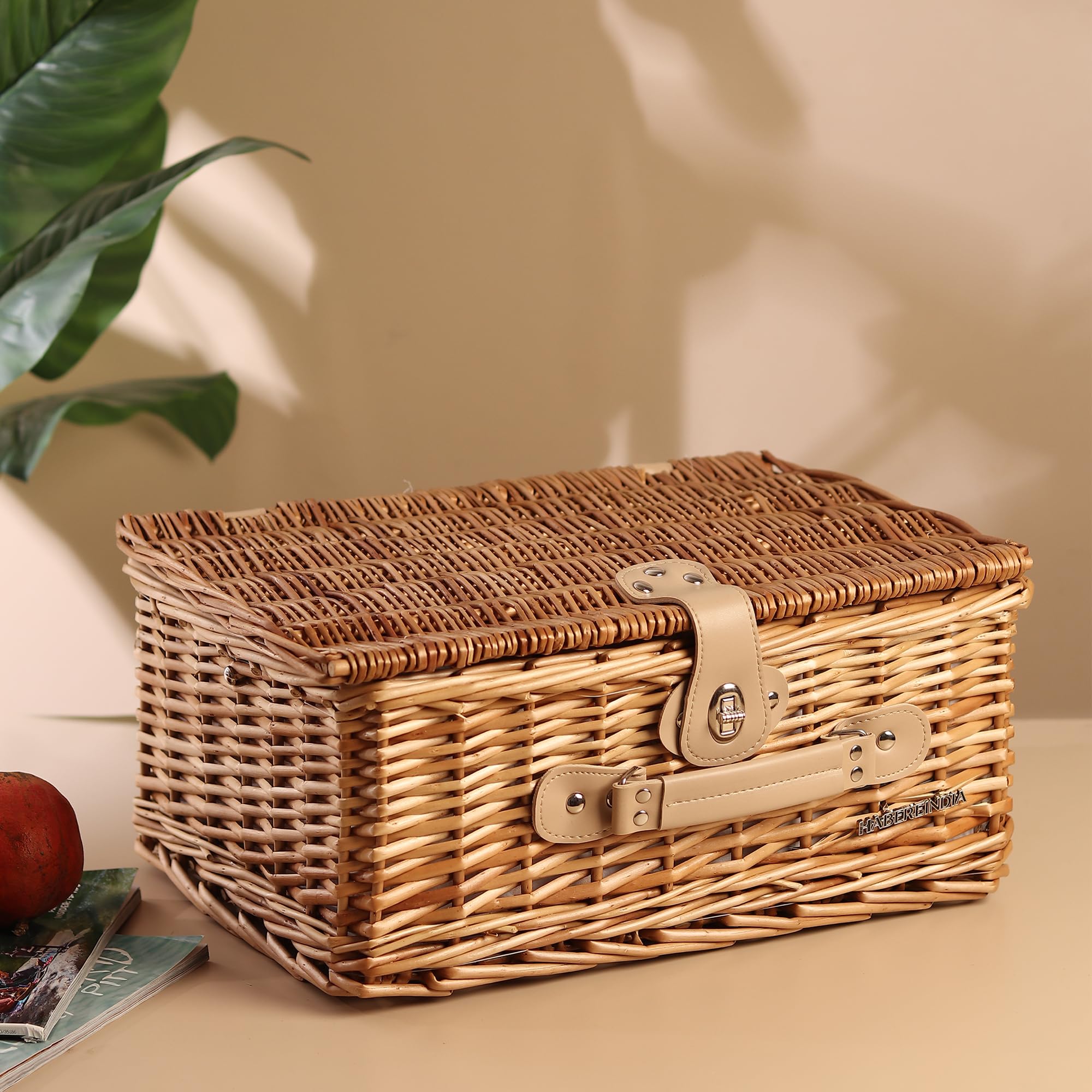 Habere India-All The Cultures Fabricating India Vintage-Style Wicker Picnic Hamper | Wicker Lunch Basket For 2 | Picnic Basket With Utensils Cutlery - Rectangular, Brown (L41xW17xH29cm)