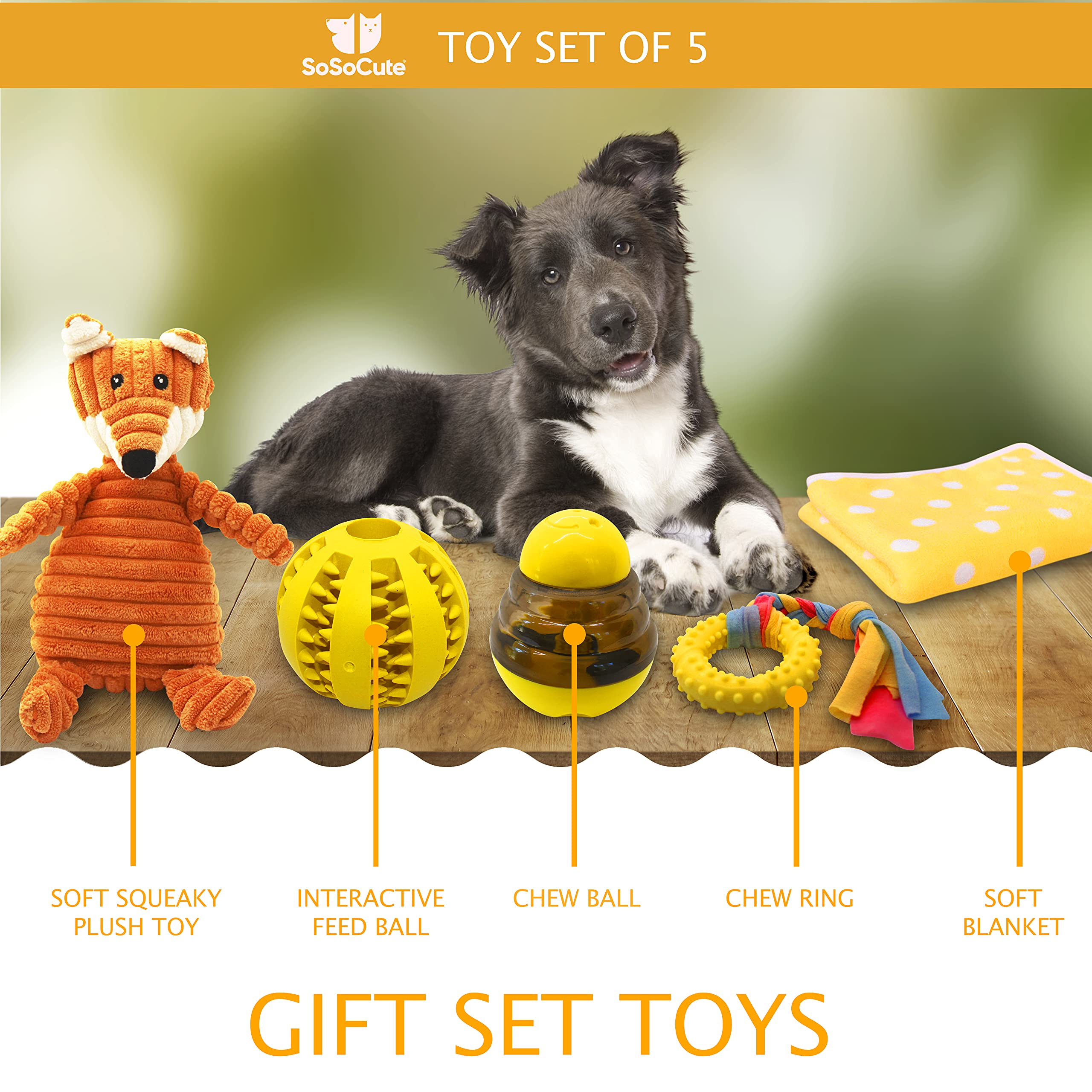 Gelbe Hunde-Geschenkbox – Welpenkauspielzeug Set von 5 Stück – Welpenpflegeset mit Hundedecke, Gummi-Beißring, Zahnball und Leckerli-Ball für kleine und mittelgroße Hunde