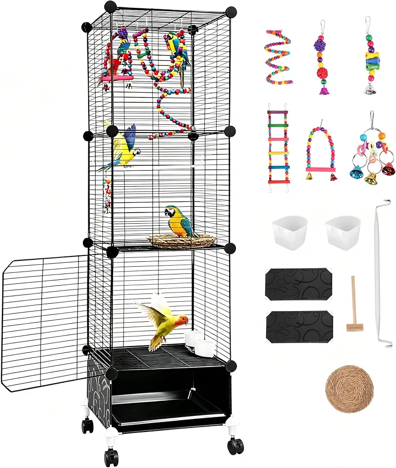 Gaiola Grande para Calopsita Preto, Ponte Suspensa e Sino, com Roda Giratória e Bandeja Sanitária para Pássaros, Adequado para aves de pequeno e médio porte, Ninho de Pássaro, Bebedouro, 132×37×37cm