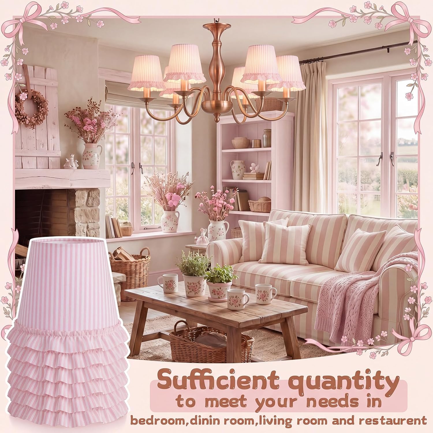 Gerrii 6 Pcs Striped Ruffled Chandelier Lampshade with Ruffle Trim,Pink | 3.9" Top x 6.3" Bottom x 5.1" Slant Height, Table Bedroom Fabric Clip on Lamp Shades, Farmhouse Home Decor Gift