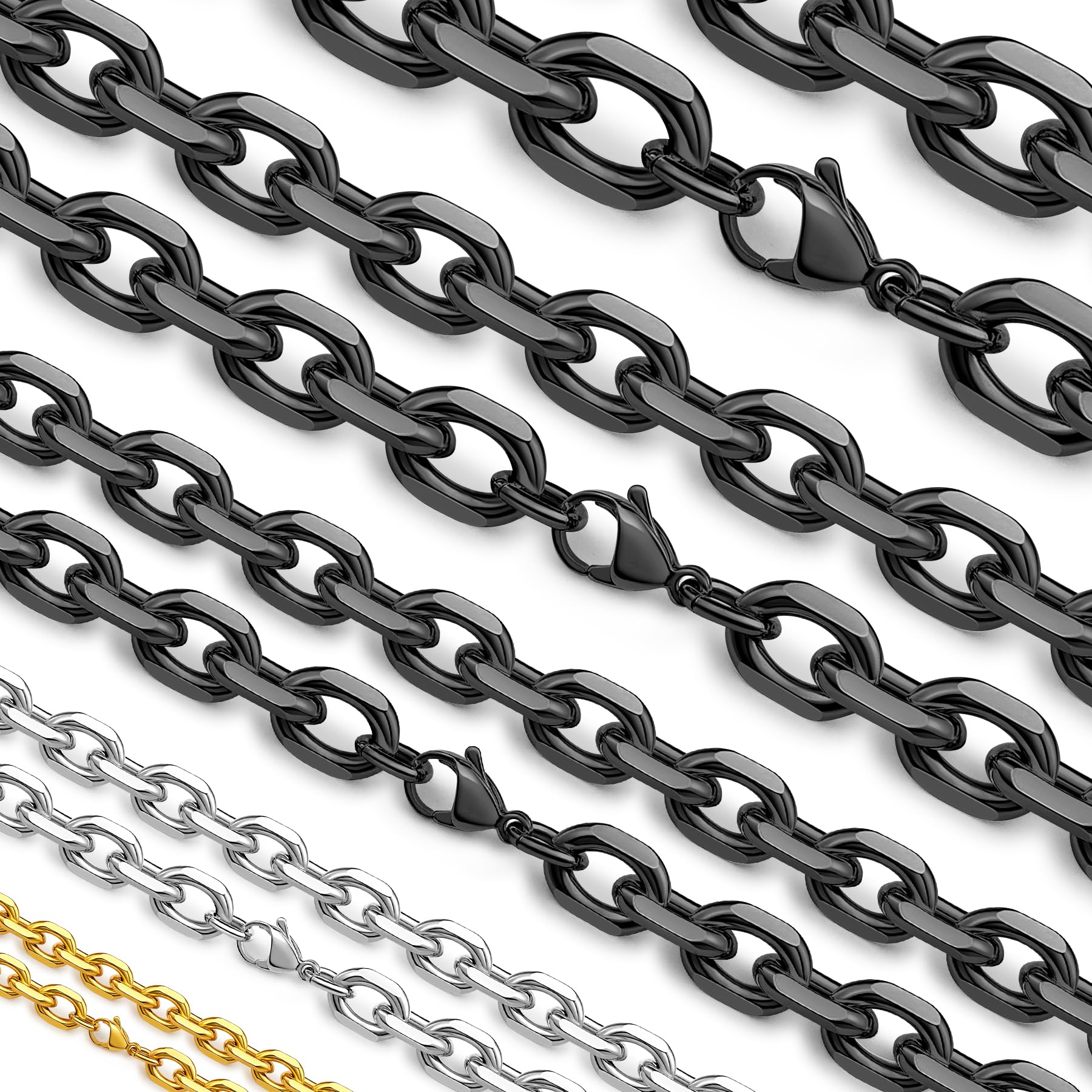 Hoyazvet Cable Chain Stainless Steel Necklace for Men Women, 3/5/8/10/13MM Width, 18K Gold/Black Metal/316L Stainless Steel Sturdy Rolo Link Chain Necklace, 18-30inch Length