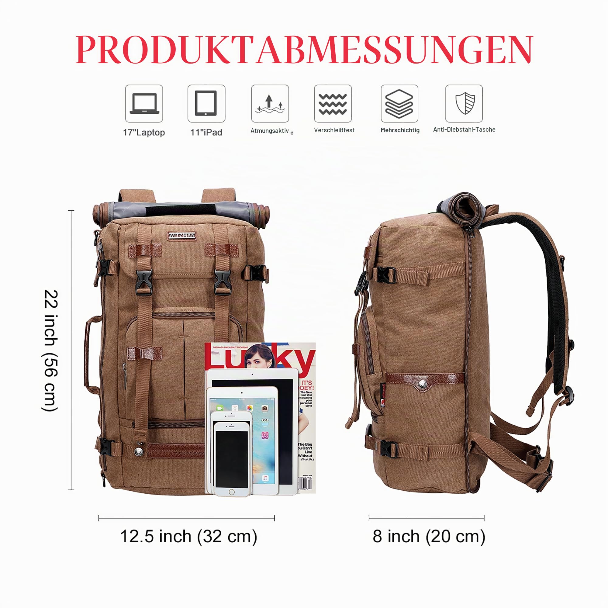 WITZMAN Canvas Reiserucksack Herren Umwandelbar mit 17-Zoll-Laptopfach | Großer Stauraum, 3-in-1 und praktische Fächer, ideal für Reisen, Arbeit und Kurztrips, A519-2 Gross Braun