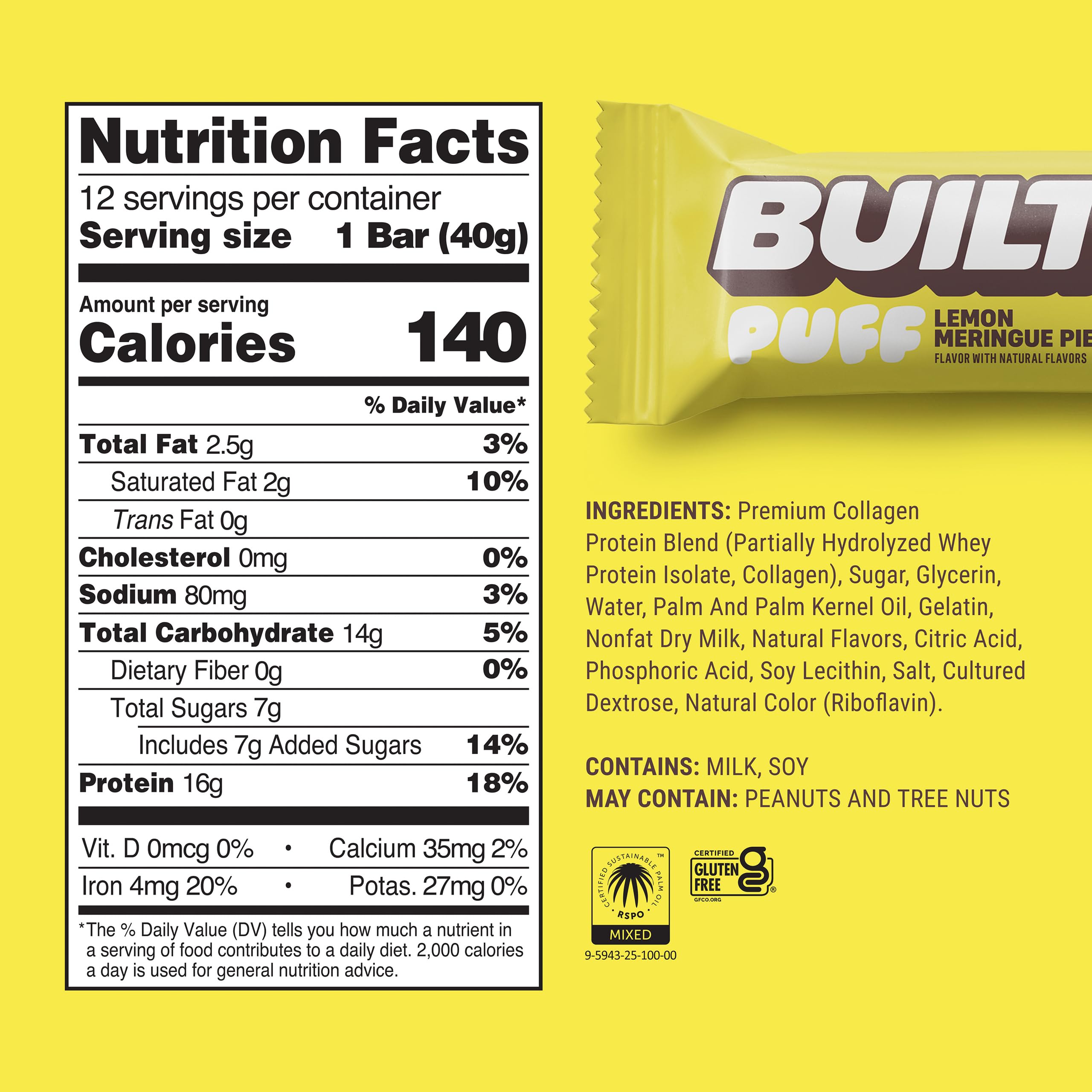 BUILT Bar Puff Protein Bars - Variety Pack - 15-17g Protein Snack Bars with Collagen - Calorie Conscious & Gluten Free - 12 Count, Variety May Vary: Lemon Meringue Pie