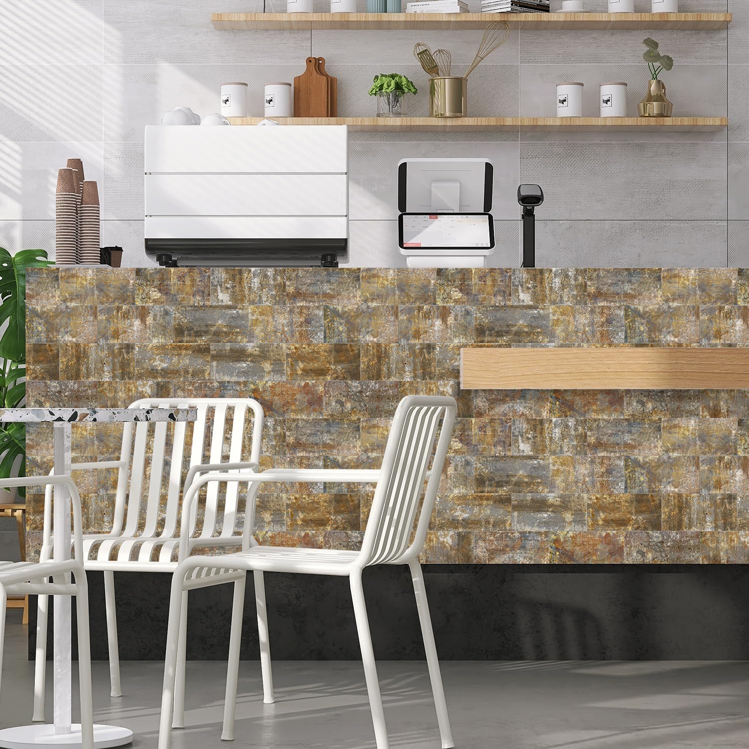 Alwayspon 32Pcs 4x8inch Rust Metal Effect Foam Vinyl Wall Tile Transfer Sticker, Peel and Stick Self-Adhesive Backsplash Tile Sticker for Kitchen Bathroom Wall Decor, T20