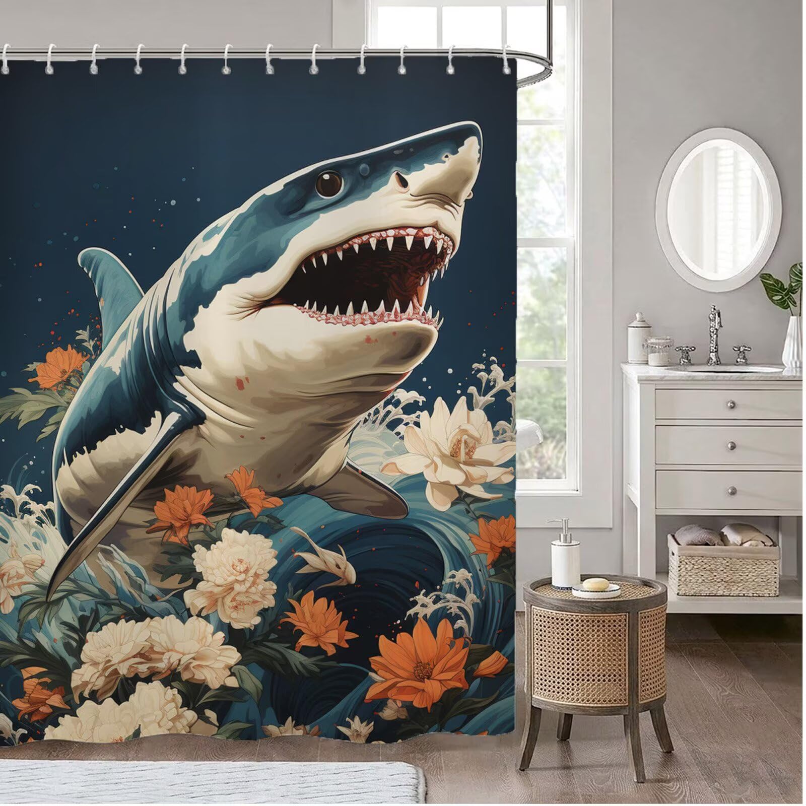 Zasłona prysznicowa do łazienki, bardzo długa, 240 x 200 cm, rekin, wodoodporna tkanina poliestrowa z 12 pierścieniami, nierdzewne oczka, obciążony brzeg, szybkoschnąca dekoracja ogrodu na zewnątrz