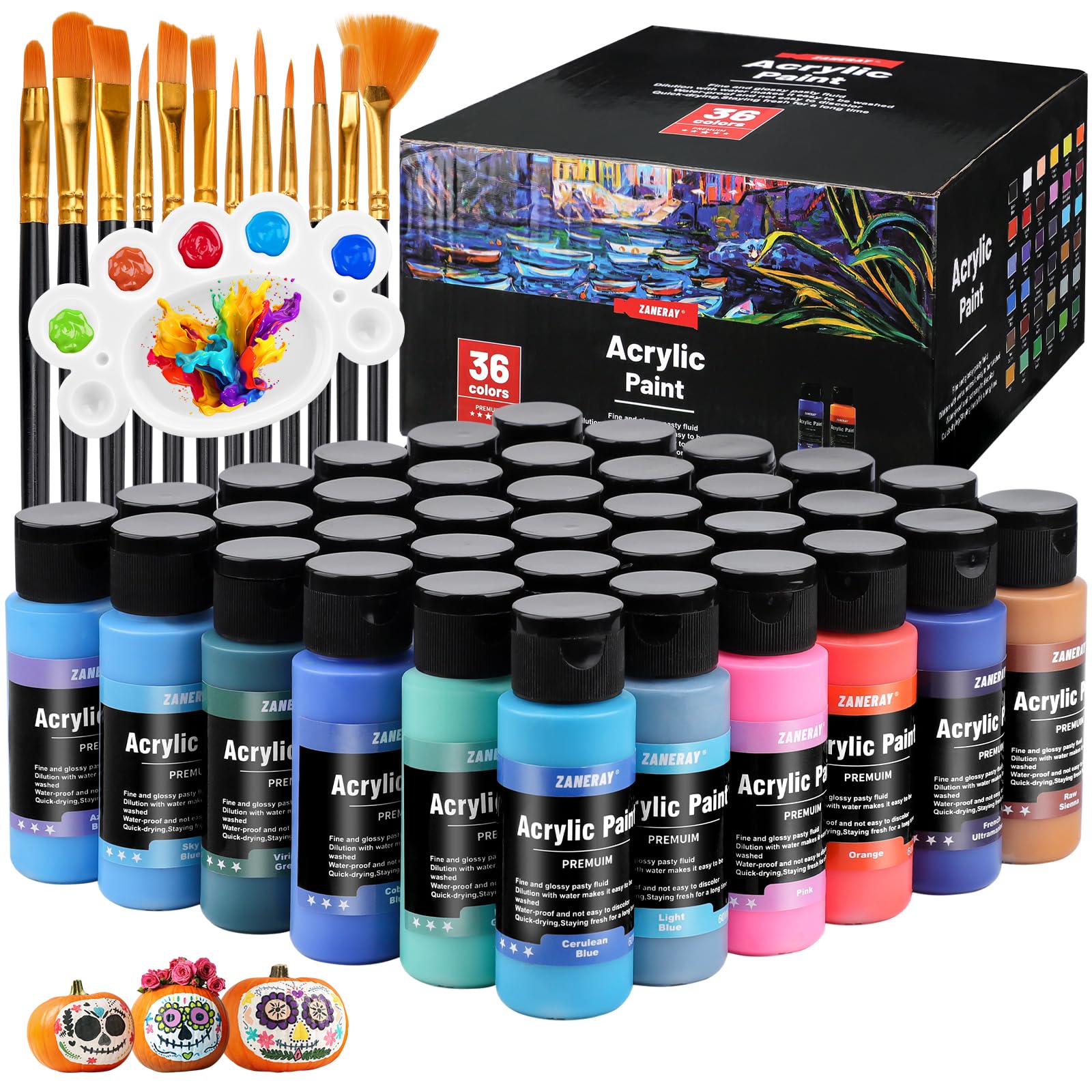 Juego de pinturas acrílicas, 36 unidades, 60 ml, pintura acrílica resistente al agua, para artistas, principiantes, adultos, pinturas acrílicas para lienzo, piedras, madera, con 12 pinceles y