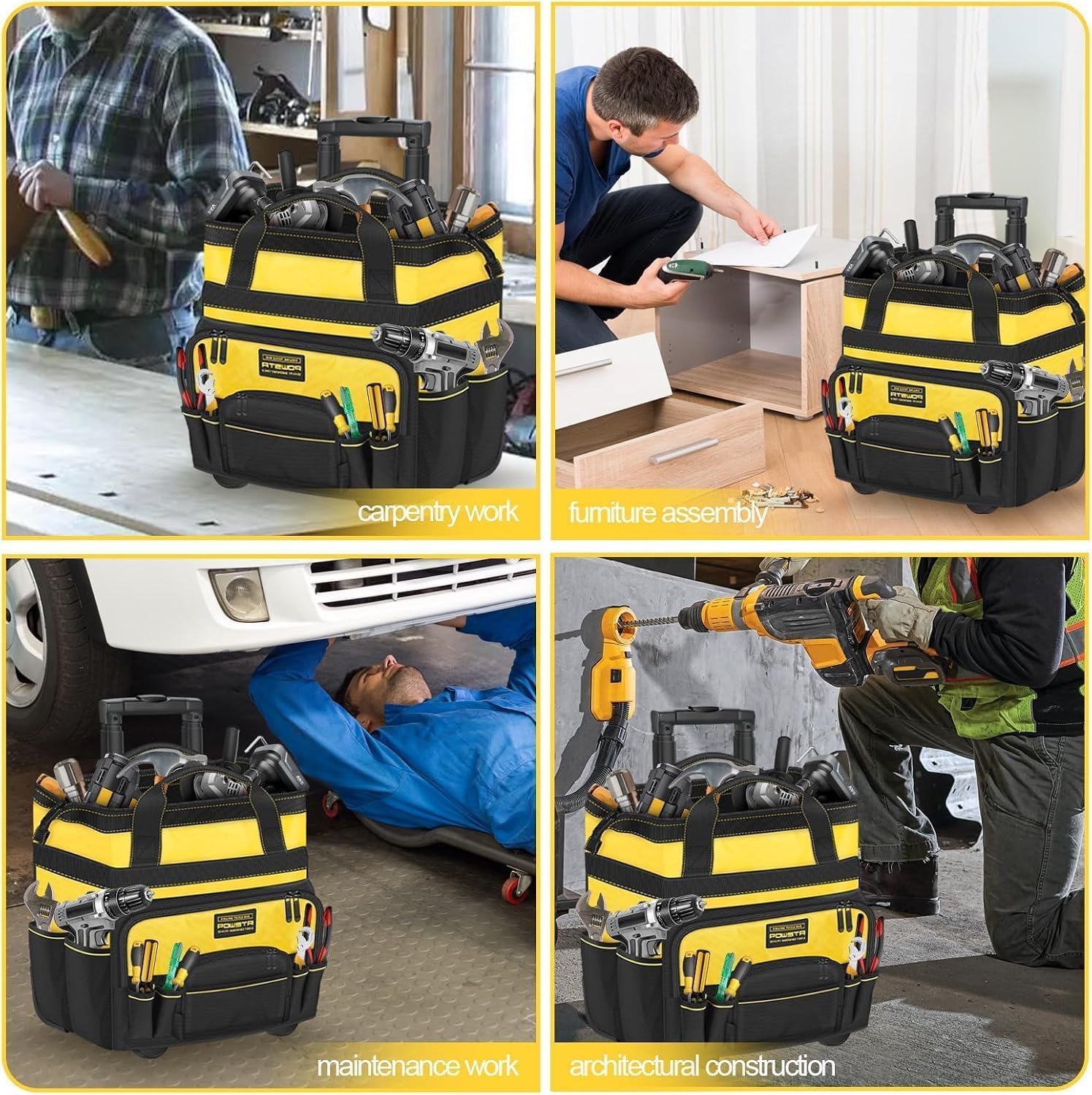 20" Bolsa Rodante Para Herramientas,Bolsa Para Herramientas Rodante de Alta Resistencia con 1680D, Asa Telescópica,15 Bolsillos,Bolsas Para Herramientas Multiuso Para Construcción,Electricista | Base estable: bolsa de herramientas rodante ideal para const