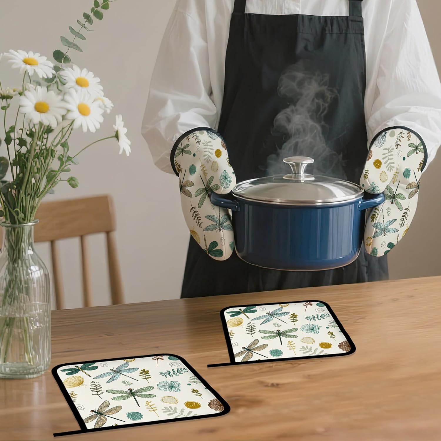 Vintage Dragonfly Oven Mitts and Pot Holders,Boho Heat Resistant Oven Mitts Gloves and Pot Holder for Home Kitchen Decorations Cooking Baking BBQ Gifts,Set of 4 - Image 7