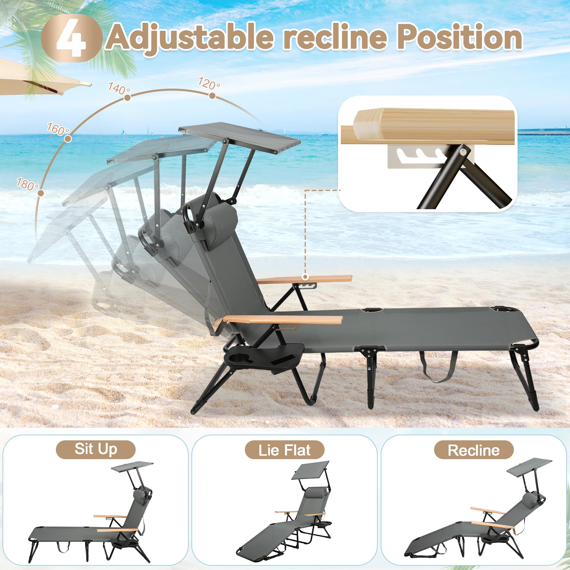 Sonnenliege Klappbar mit Dach, Gartenliege Wetterfest mit Armlehne und verstellbarer Rückenlehne, Liegestuhl Balkon mit Getränkehalter, belastbarkeit 150 kg, Outdoor Liege für Garten, Balkon & Strand