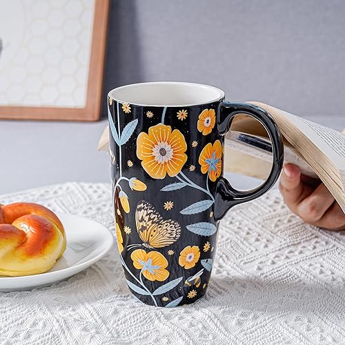 Miniatura 2 de Taza de café de viaje de cerámica con tapa para el hogar y la oficina, taza de té grande de porcelana de 17 onzas con mango de arte floral en caja