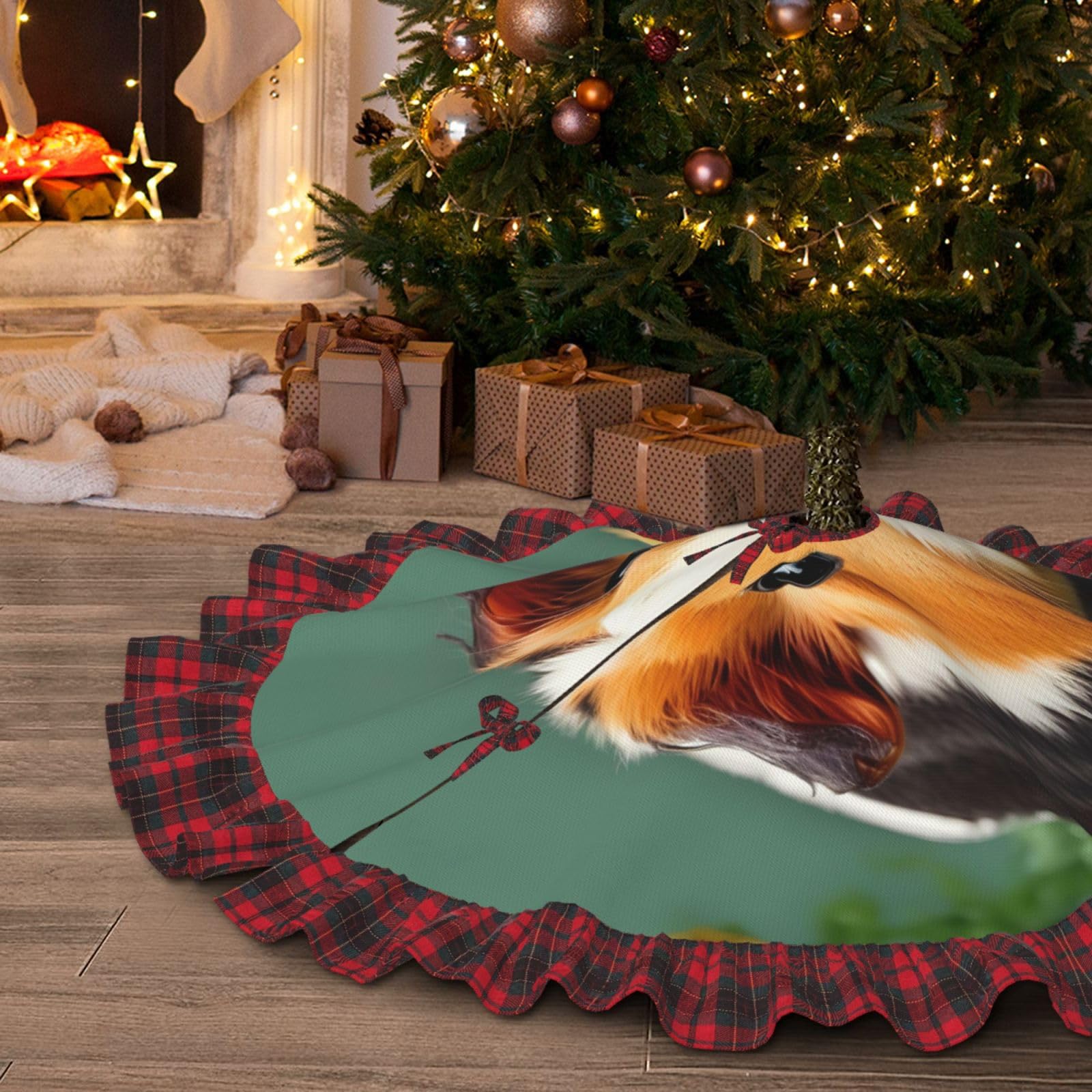 Gonna per albero di Natale con stampa di porcellini d'India, in lino, con bordo con pompon, ciondolo rustico per la decorazione di case coloniche
