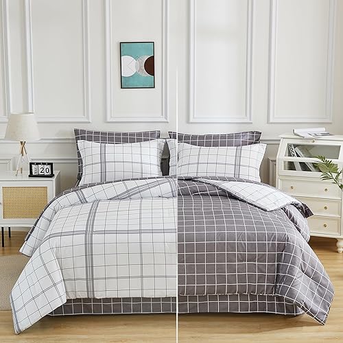 Miniatura 2 de EMME Juego de edredón King de 7 piezas Bed in a Bag, ropa de cama a cuadros con edredón blanco y negro, sábanas, fundas de almohada y fundas,