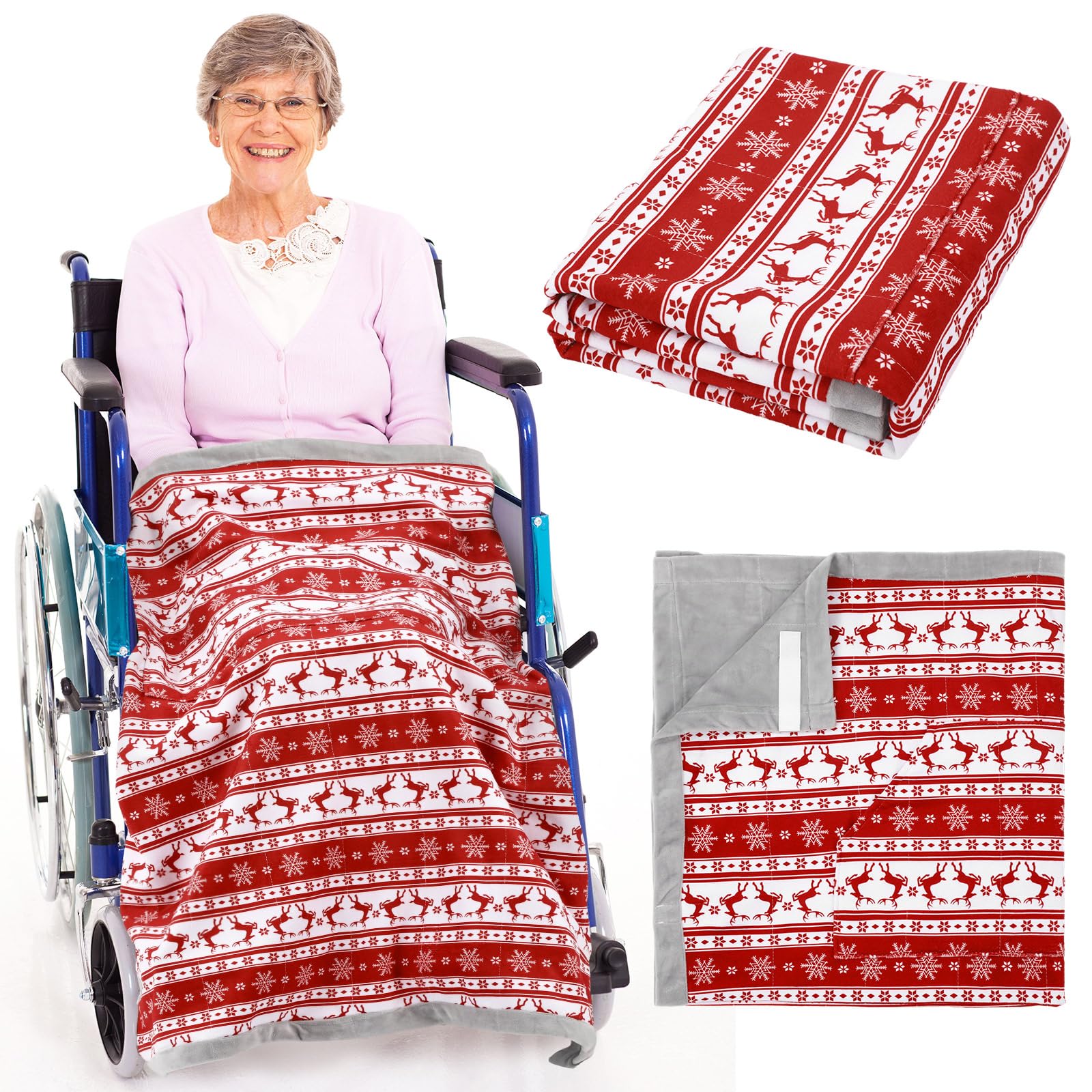 Newwiee Christmas Wheelchair Blanket with Pouch, Red and White, Snowflake