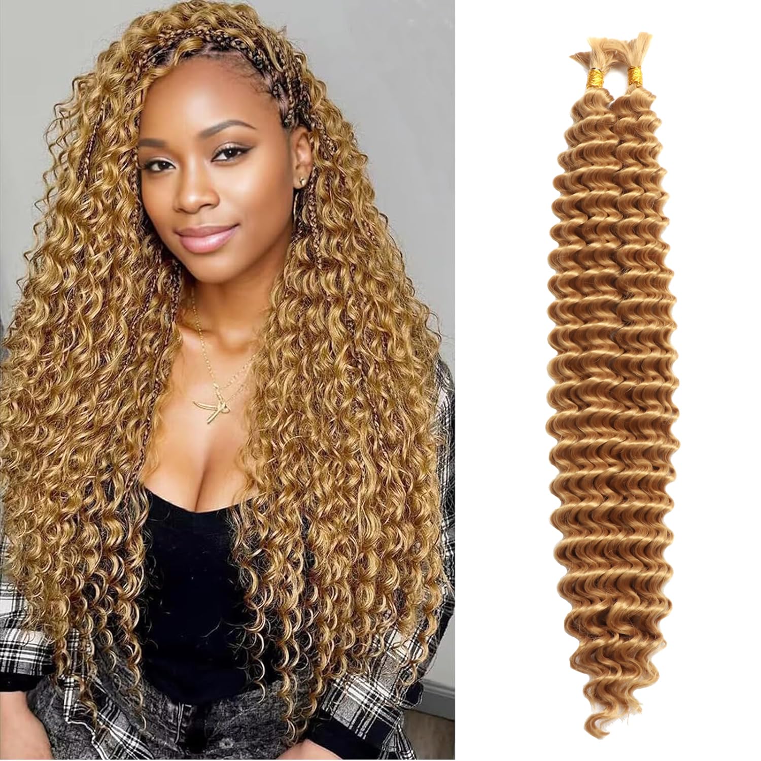 24 Inch Deep Wave Bulk Hair for Braiding Boho Hair for Braiding Deep Water Wave Braiding Hair No Weft Wet and Wavy Braiding Hair Extension (27#
