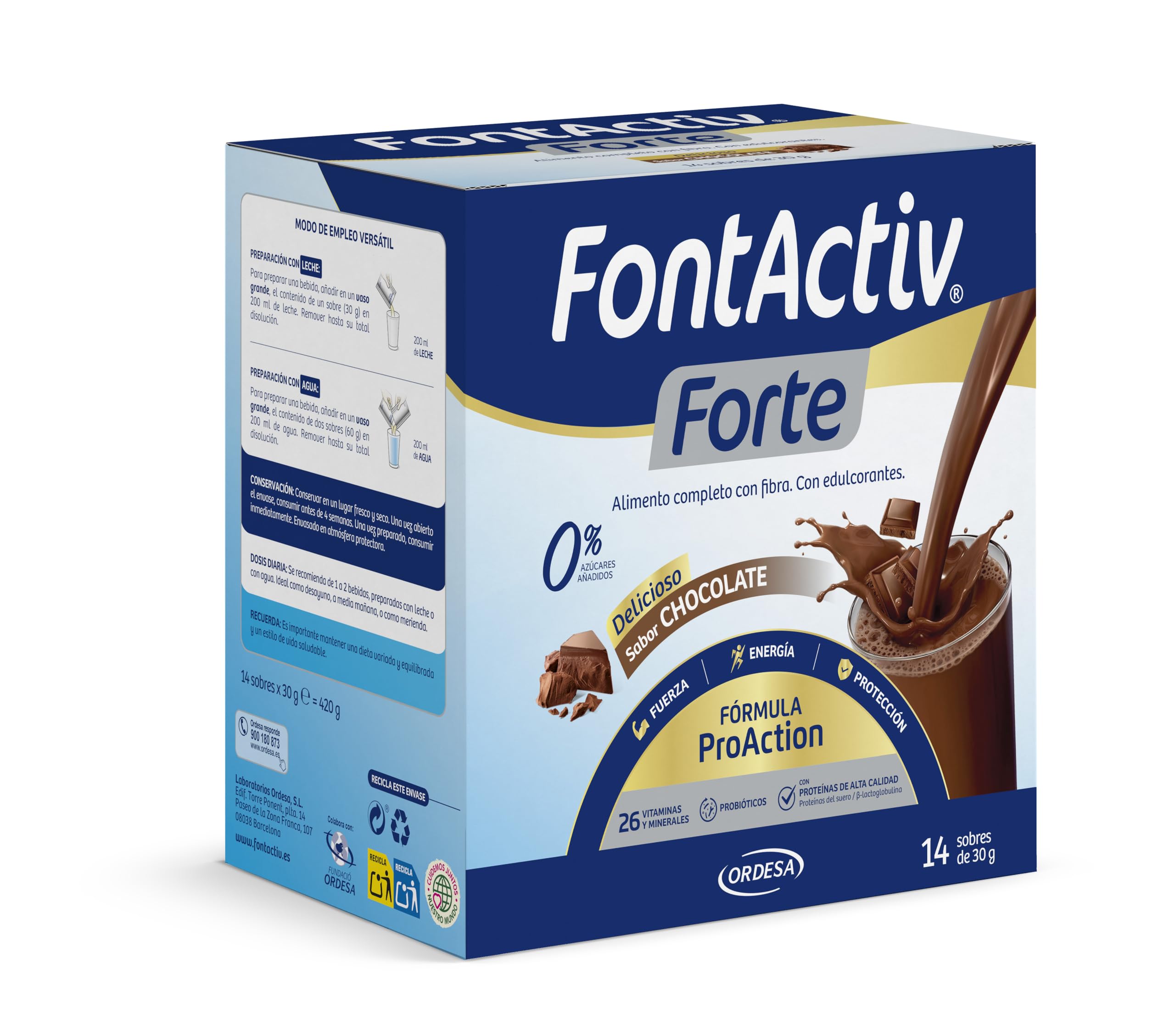 FontActiv Forte ProAction Chocolate | 14 Sobres | Suplemento Nutricional con Fibra para Adultos - 0% Azúcares añadidos