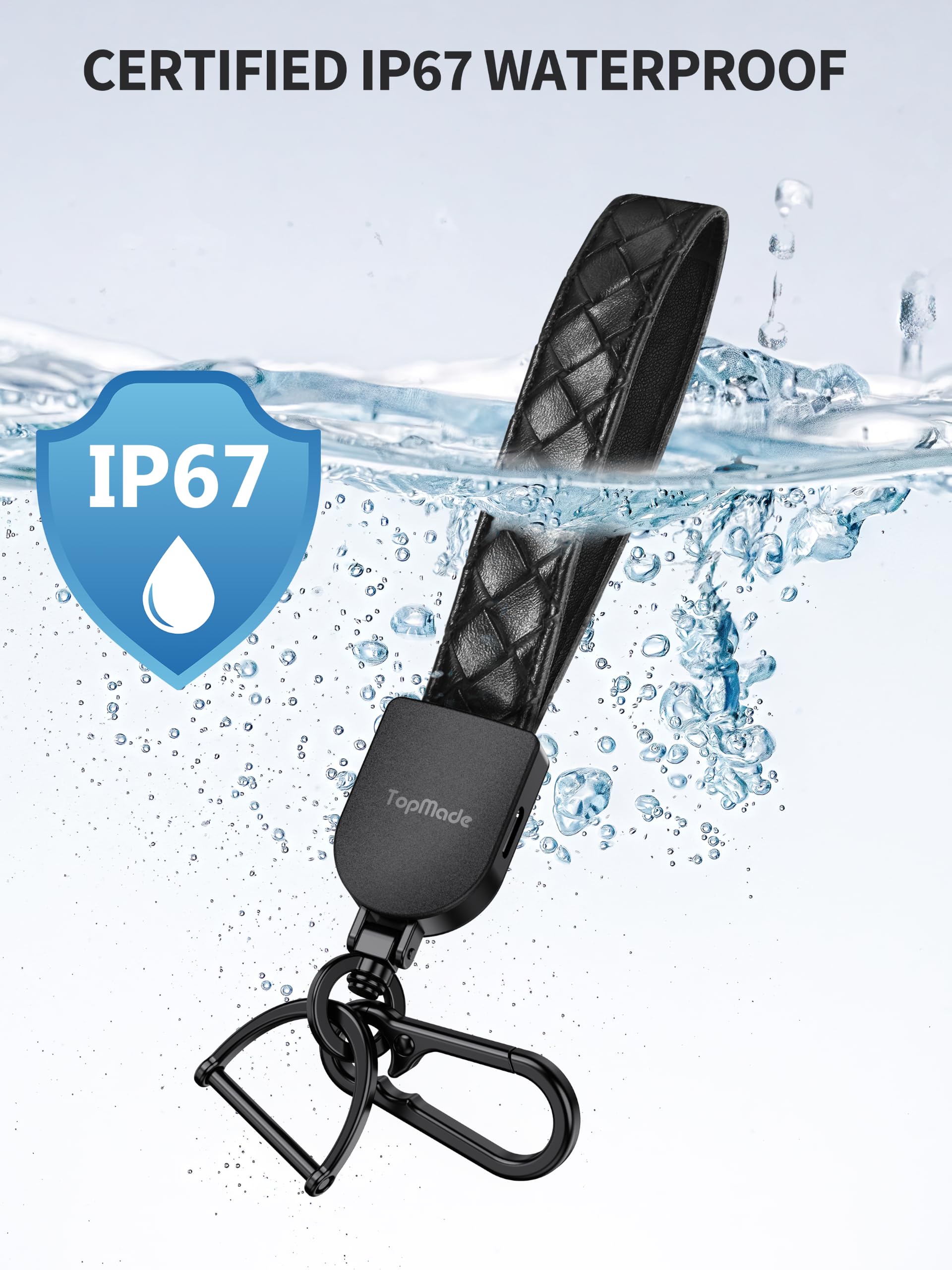 TopMade Porte-clés anti-perte, fonctionne avec Apple Find My et Google Find Hub, porte-clés de voiture en cuir de qualité supérieure, rechargeable, localisateur de clés Bluetooth, étanche IP67, noir