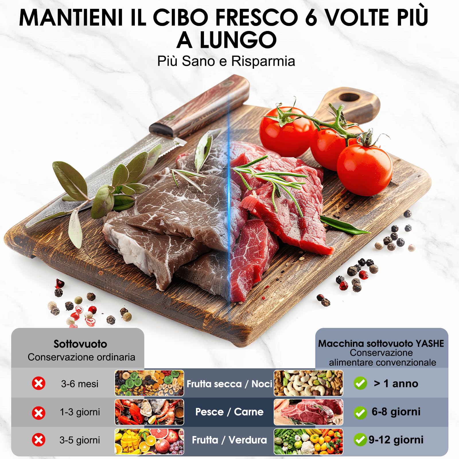 YASHE Macchina Sottovuoto Alimenti 80KPa, 10 in 1 Macchina Sottovuoto con Coperchio Magnetico, Doppio Sigillo e Doppia Pompa, Vano Porta Rotolo Integrato, 1 Rotolo da 20x300cm Incluso