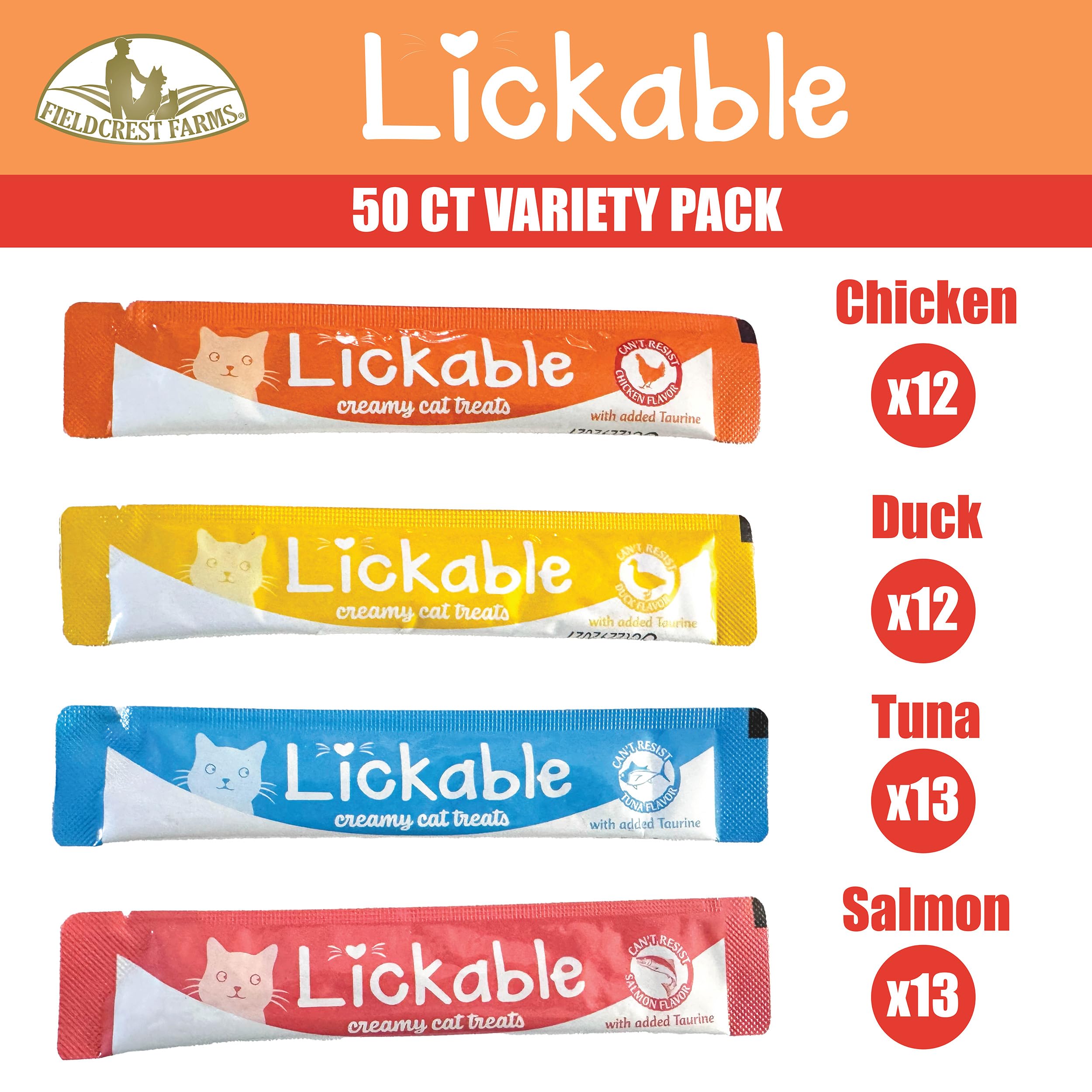Fieldcrest Farms Leckerlis kremowe smakołyki dla kotów – opakowanie 50 ct – 4 słone aromaty (kurczak, tuńczyk, kaczka, łosoś) z tauryną – gładkie, pyszne tubki cateringowe – dłoń, miska lub