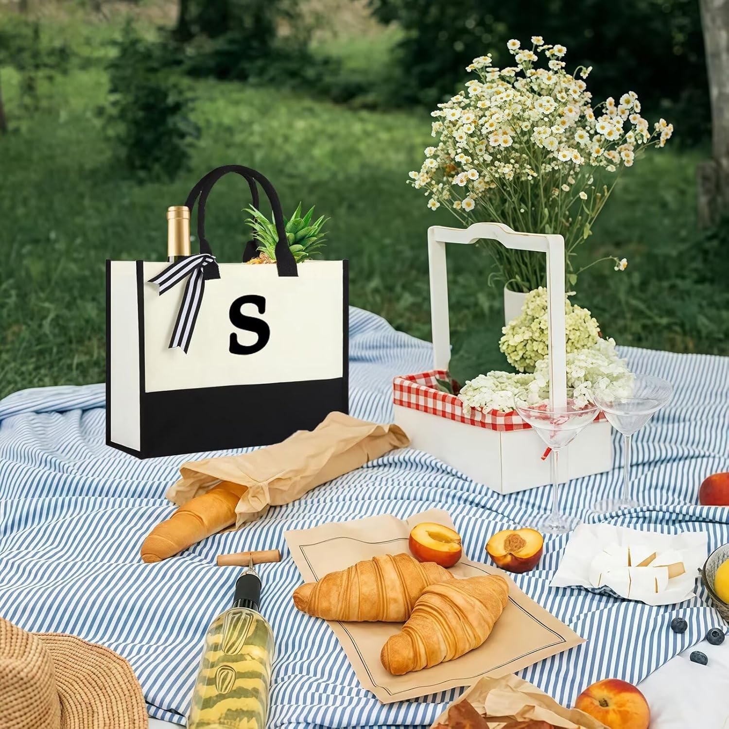 Personalized Canvas Initial Tote Bags,Embroidery Monogram with Leather Handle,Present Suitable for Mom,Wedding,Beach - Image 6