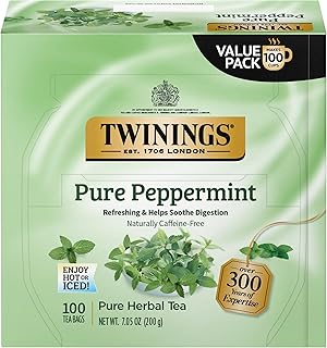 Twinings Pure Peppermint, 100 Individually Wrapped Tea Bags, Fresh Minty Flavour, Naturally Caffeine Free, Enjoy Hot or Iced