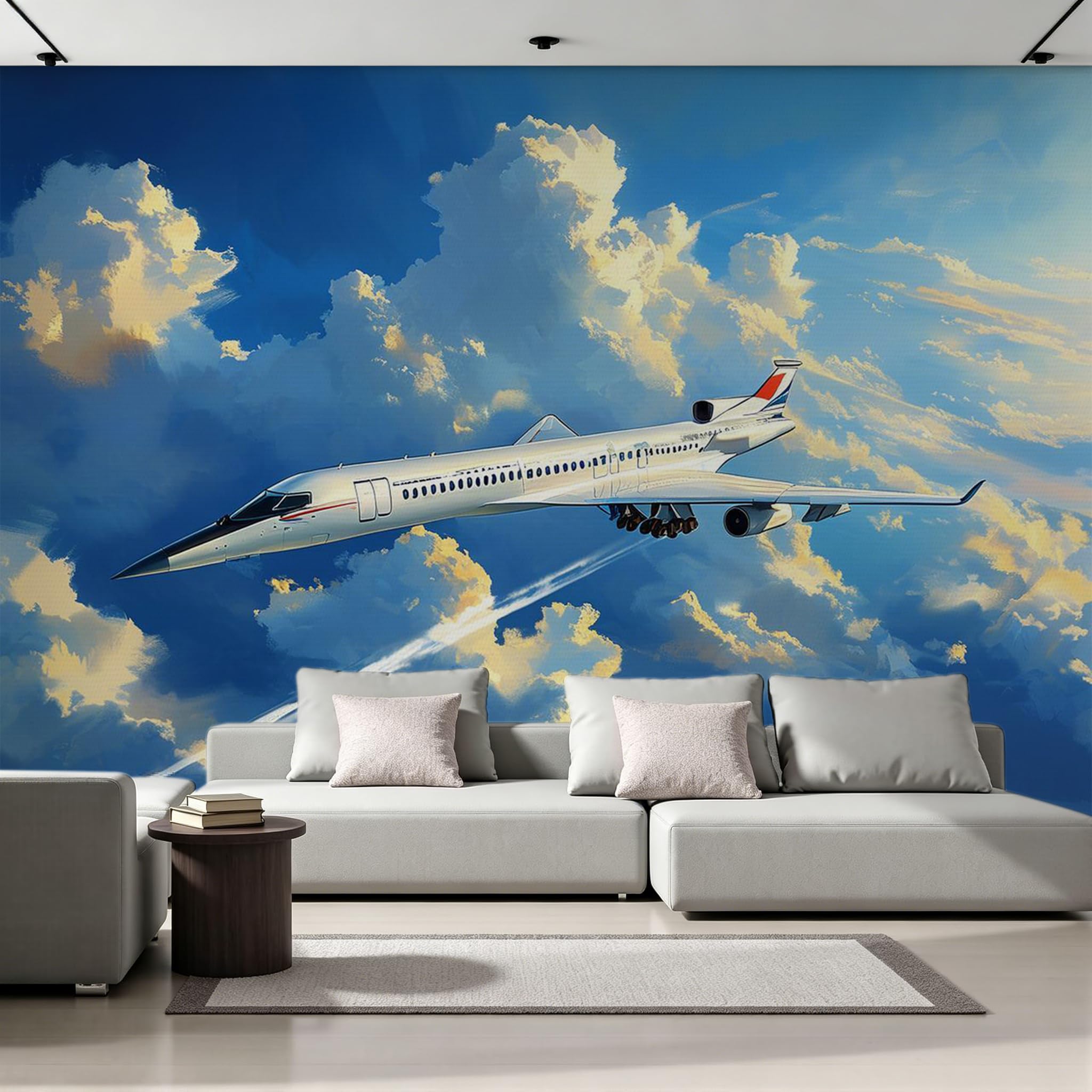 Générique Papier Peint Panoramique 3D 300x210 cm Avion Non-tissé Murale Maison Décoration Intérieure Ciel Nuages pour Chambre Salon Mur TV Artistique Poster Décoration Murale 2N1640