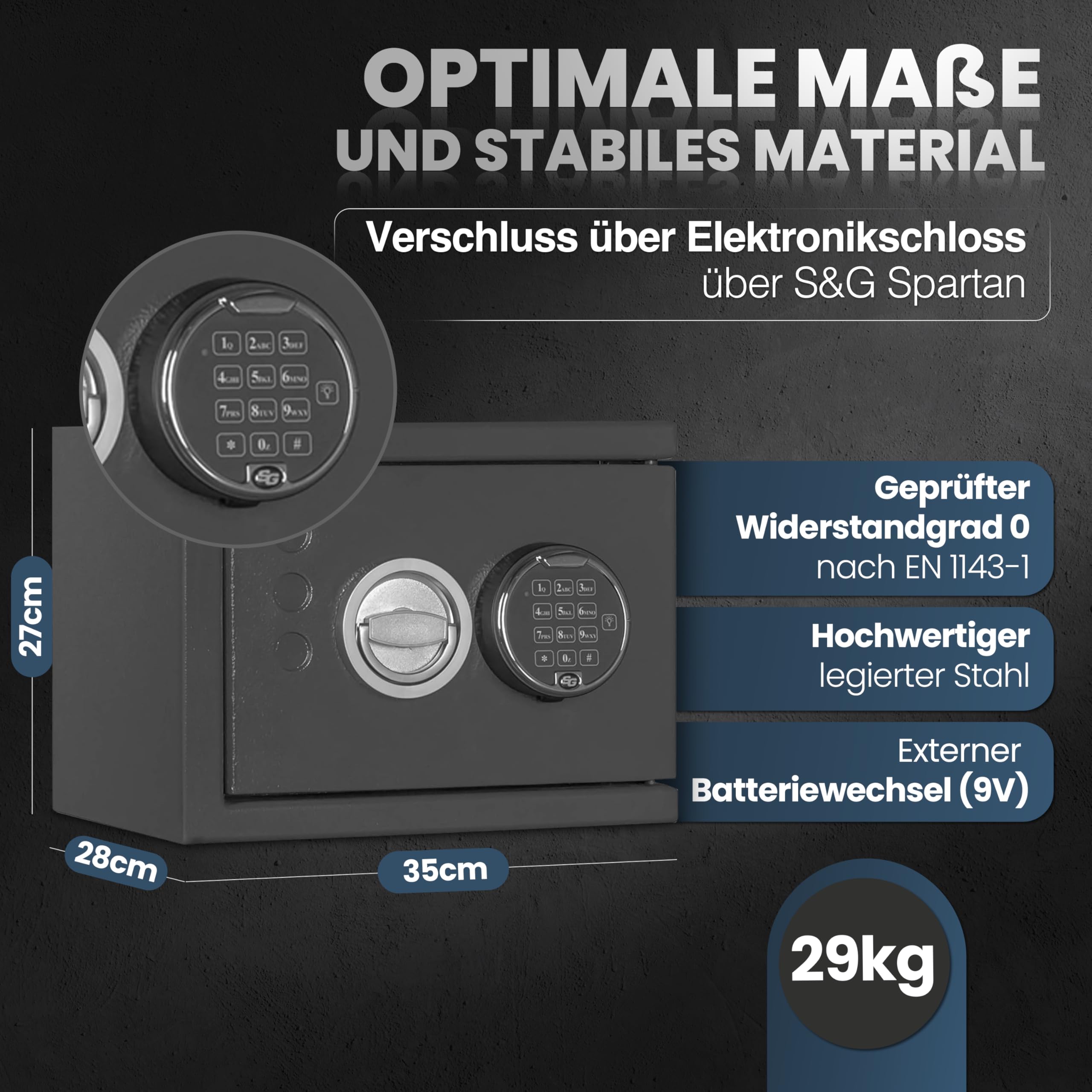 Kurzwaffenschrank KWT 800 mit Zahlenschloss, Widerstandsgrad 0, Einbruchschutz EN 1143-1, Kurzwaffentresor mit elektr. Zahlenschloss Klasse 0