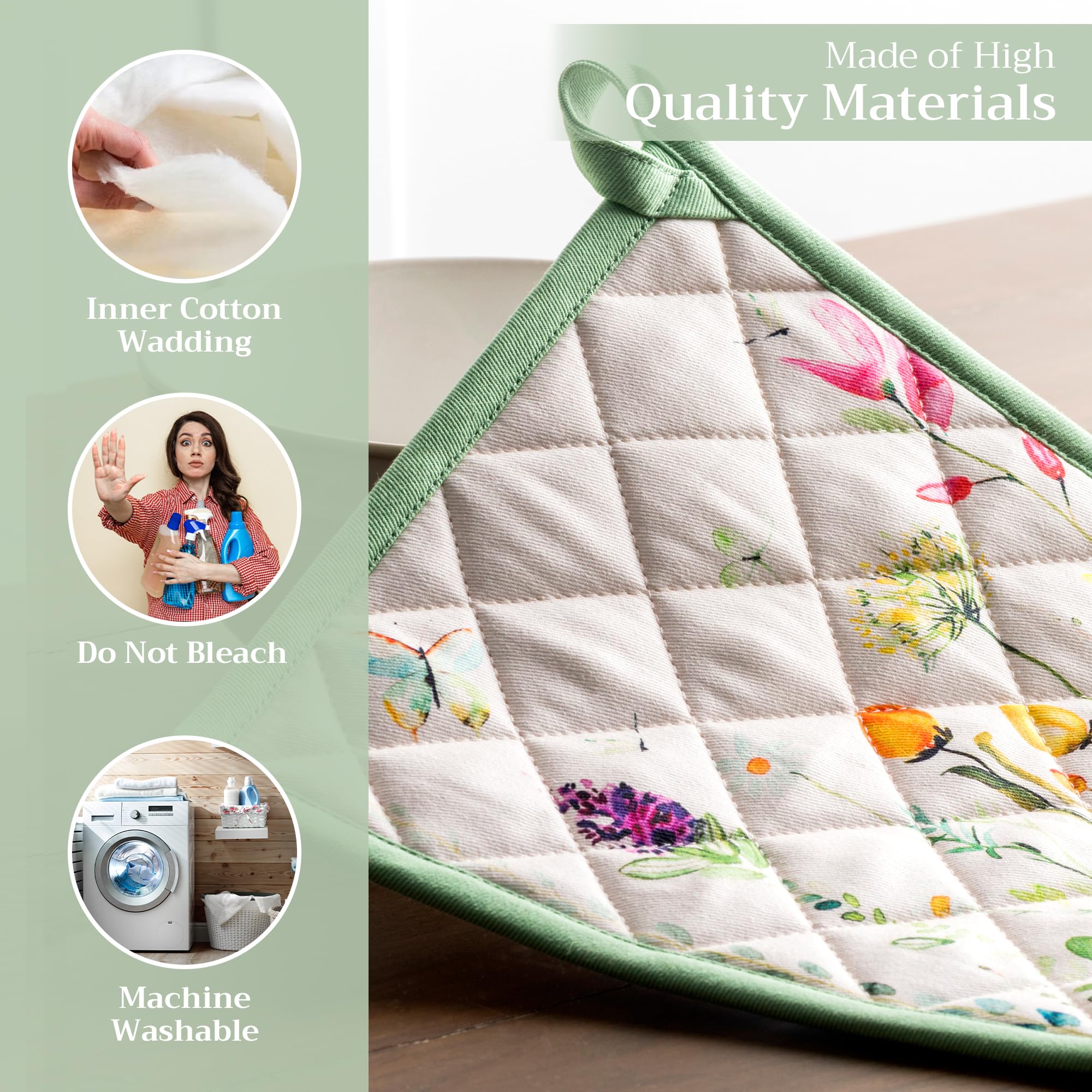 Maison d' Hermine Set di presine, 100% cotone, resistenti al calore, 20 cm x 20 cm, con anello per barbecue, per maneggiare padelle calde, Primavera Estate (Botanical Fresh, confezione da 2)