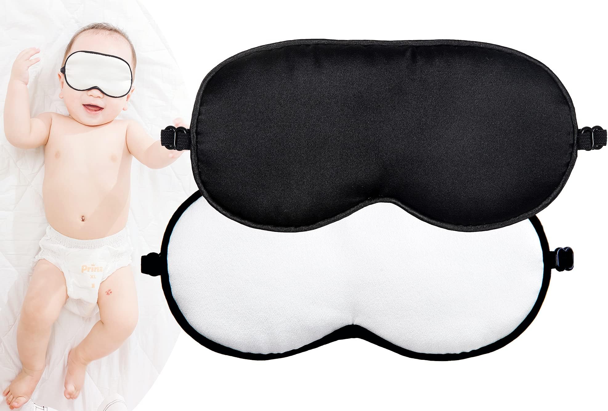 Mulberry Silk Sleep Mask with Adjustable Strap for Kids,Cute Sleeping Eye Mask for Newborns, 2 Packs Black&White