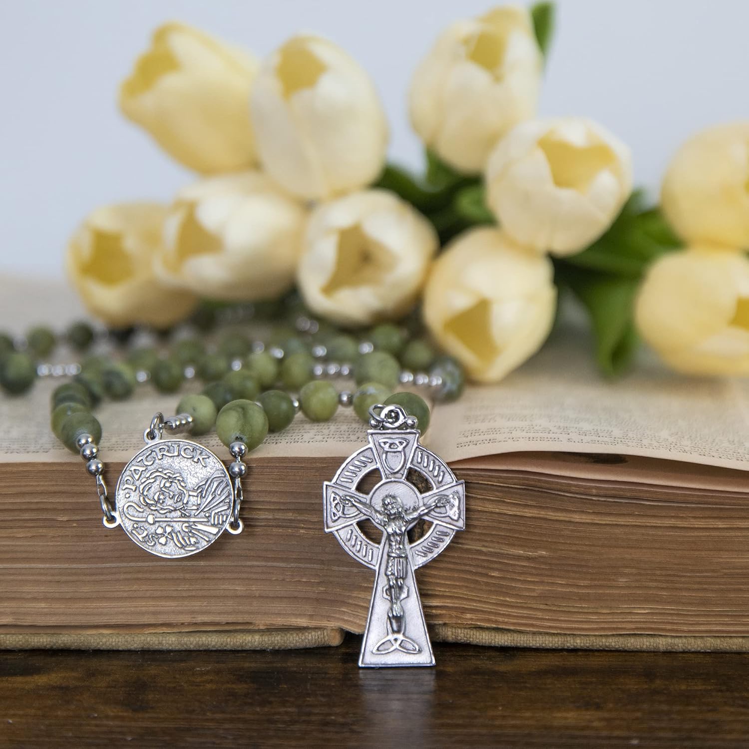 St Patrick Green Jade Rosary, Irish Rosary with Stainless Steel Celtic Cross and Medal - Image 7