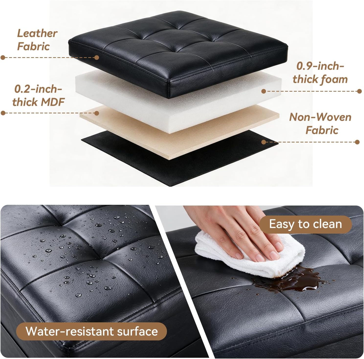 Storage Ottoman Foot Rest Bench with Side Pocket, Small Faux Leather Ottoman with Storage, Foot Stool with Storage for Living Room, Bedroom, Entryway, Dorm. 350LBS, 17x12.6x12.6in, Black.