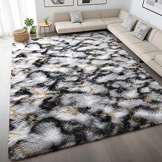 DweIke Fluffy Black White Gold Rugs for Bedroom Living Room, 4x6 Feet Soft Plush Shaggy Tie-Dyed Girls Boys Kids Rug, Upgraded Non-Slip and Machine Washable Carpet for Dorm Nursery Classroom Decor