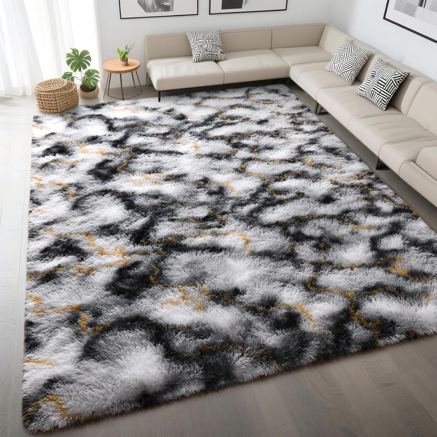 DweIke Fluffy Black White Gold Rugs for Bedroom Living Room 4x6 Feet Soft Plush Shaggy Tie-Dyed Girls Boys