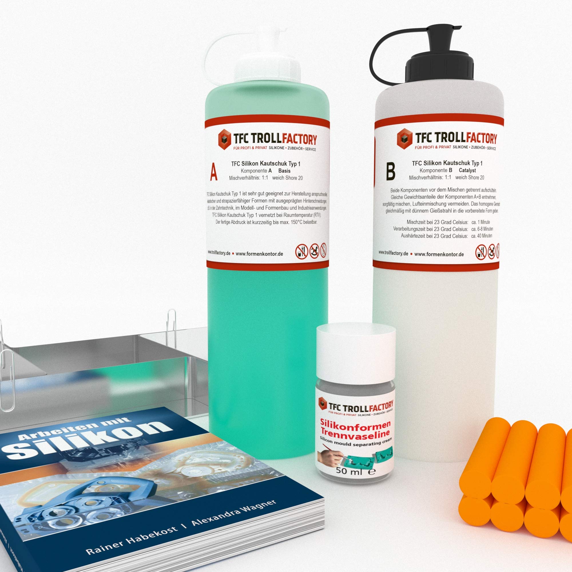 TFC DIY Silikonformen Starterset | Set zum Selber Herstellen von Silikonformen für Gips, Beton, Kerzen und Mehr | Silikon Kautschuk, Abformmasse, inklusive Anleitungsbuch
