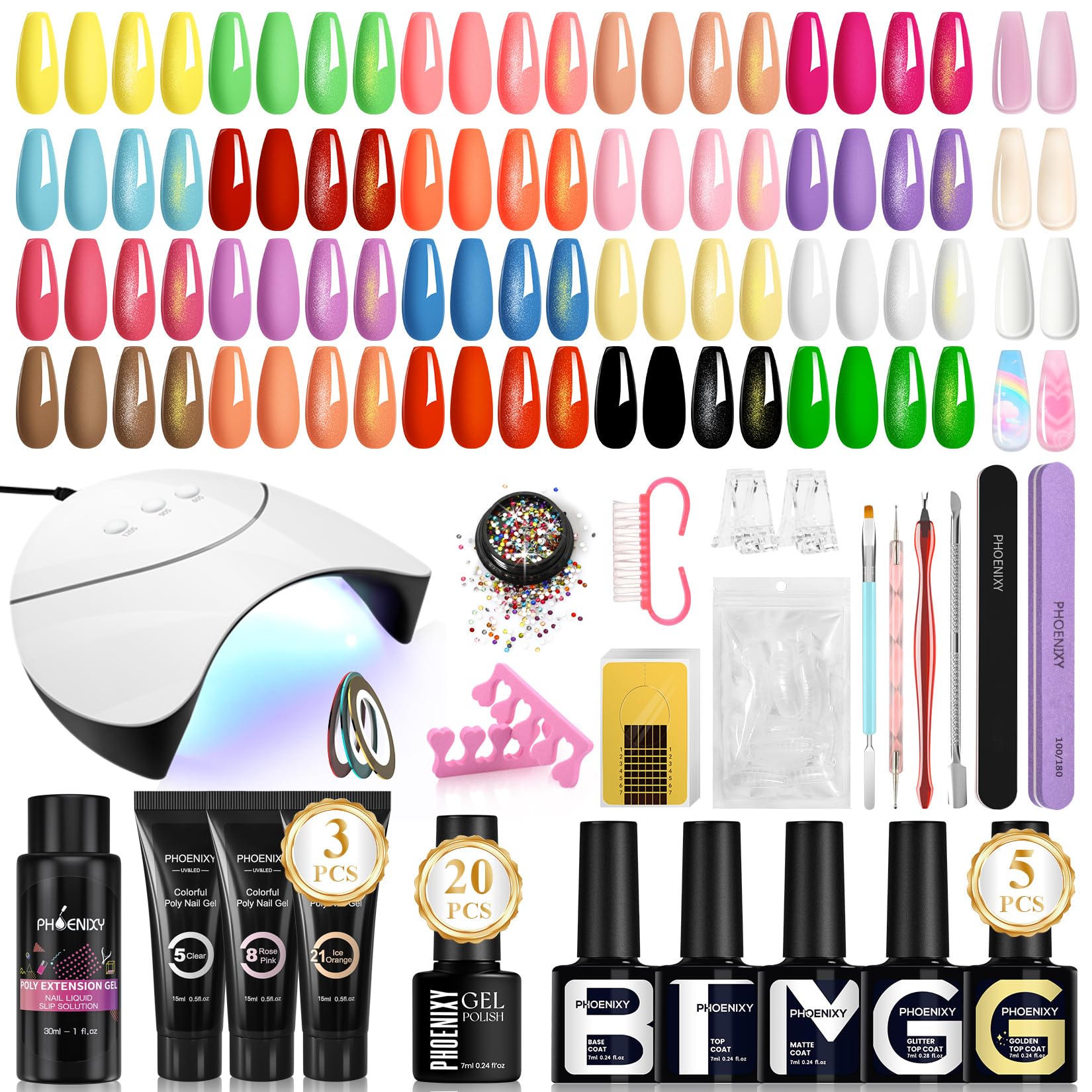 Phoenixy 43PCS Kit Esmalte de Uñas Semipermanente con Lámpara UV 20 Colores Esmalte de Uñas en Gel y 3 Colores de gel Extensión Poliéster Kit Completo de Manicura Para Principiante Regalo para Mujeres